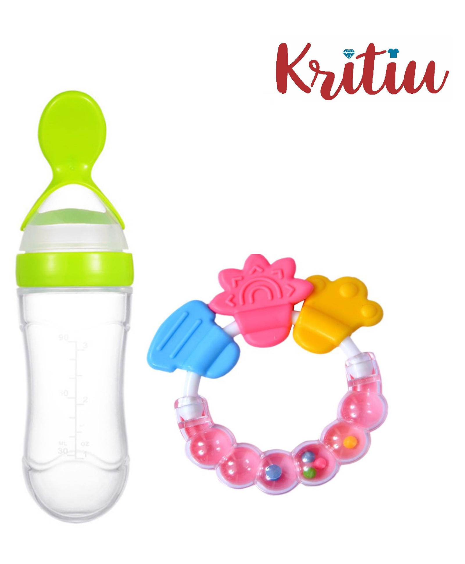 Kritiu Silicone Squeezy Food Feeder Bottle With Spoon & Rattle Teether Blue - 90 ml-image-11