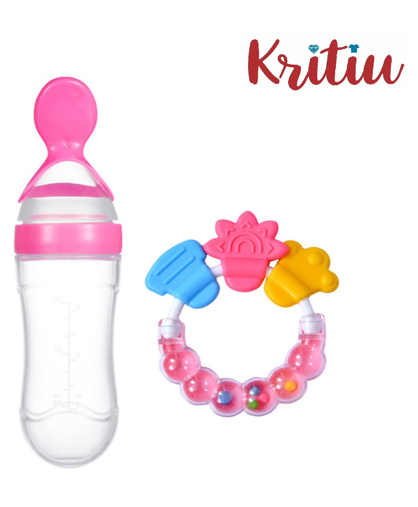 Kritiu Silicone Squeezy Food Feeder Bottle With Spoon & Rattle Teether Pink - 90 ml-picture-43