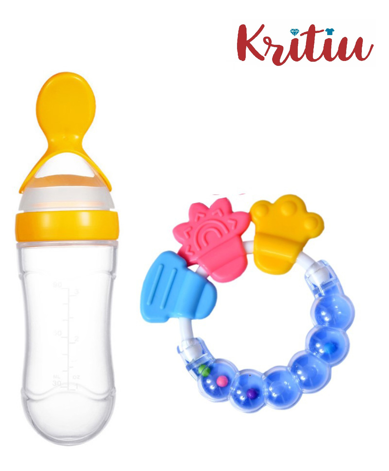 Kritiu Silicone Squeezy Food Feeder Bottle With Spoon & Rattle Teether Multicolor - 90 ml-image-47