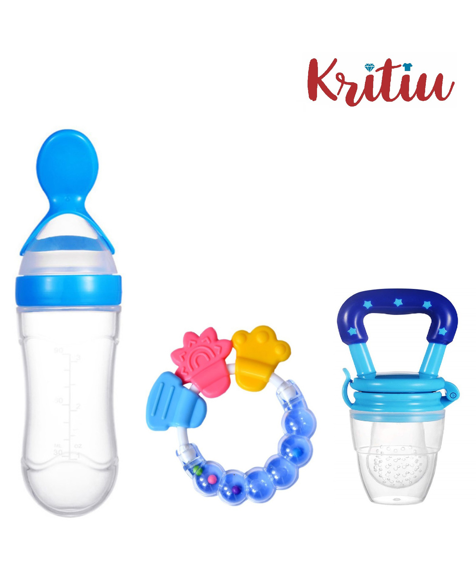 Kritiu Combo of Fruit And Food Nibbler Spoon Feeder and Rattle Teether- Blue-picture-48