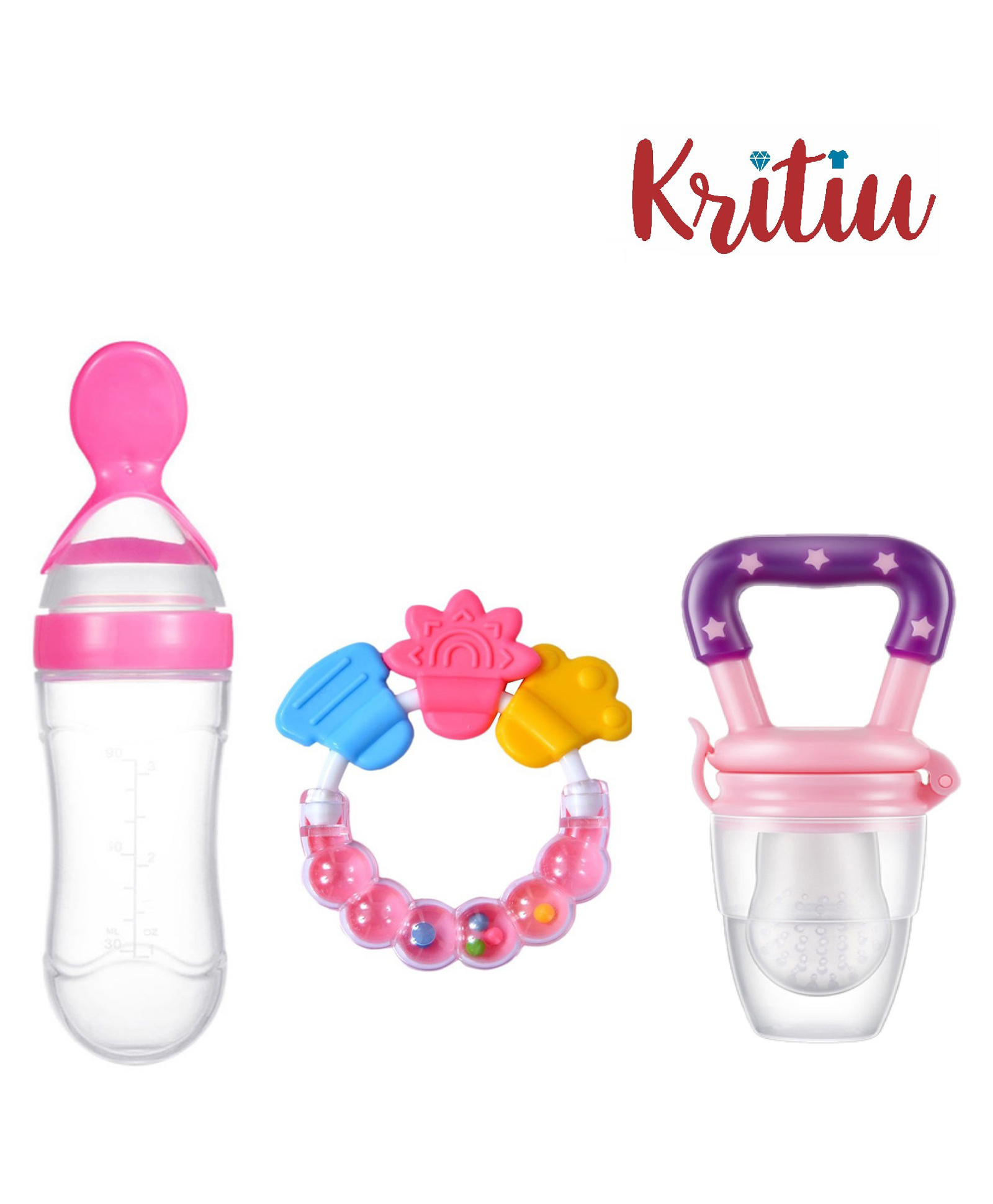 Kritiu Combo of Fruit And Food Nibbler Spoon Feeder and Rattle Teether- Blue-picture-45