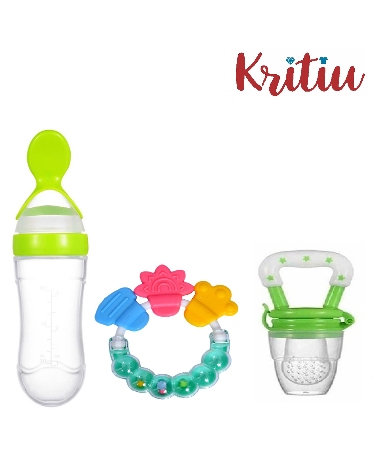 Kritiu Combo of Fruit And Food Nibbler Spoon Feeder and Rattle Teether- Green-picture-47