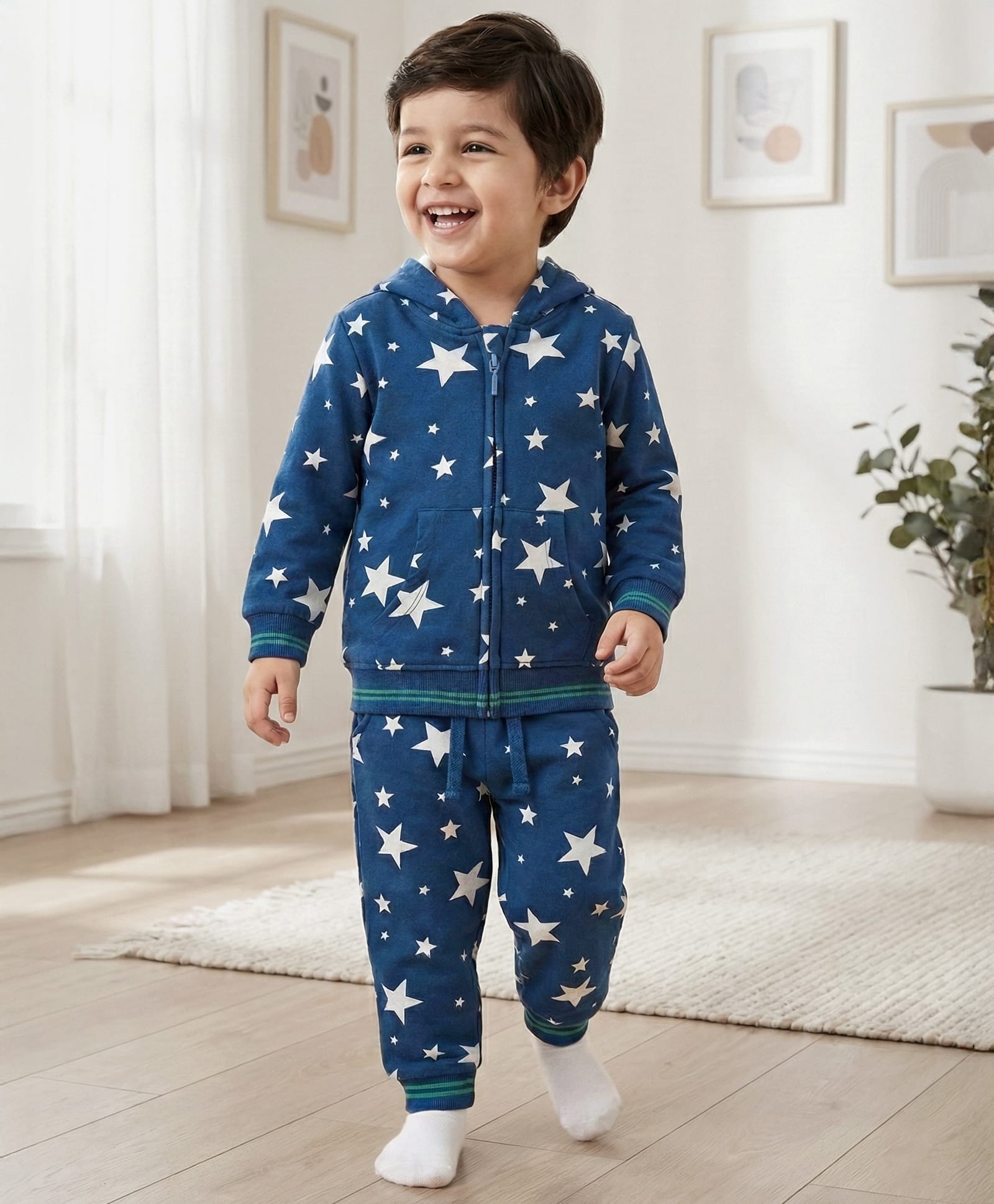 Babyhug 100% Cotton Knit Full Sleeves Hooded T-Shirt & Lounge Pant Star Print - Blue-picture-15