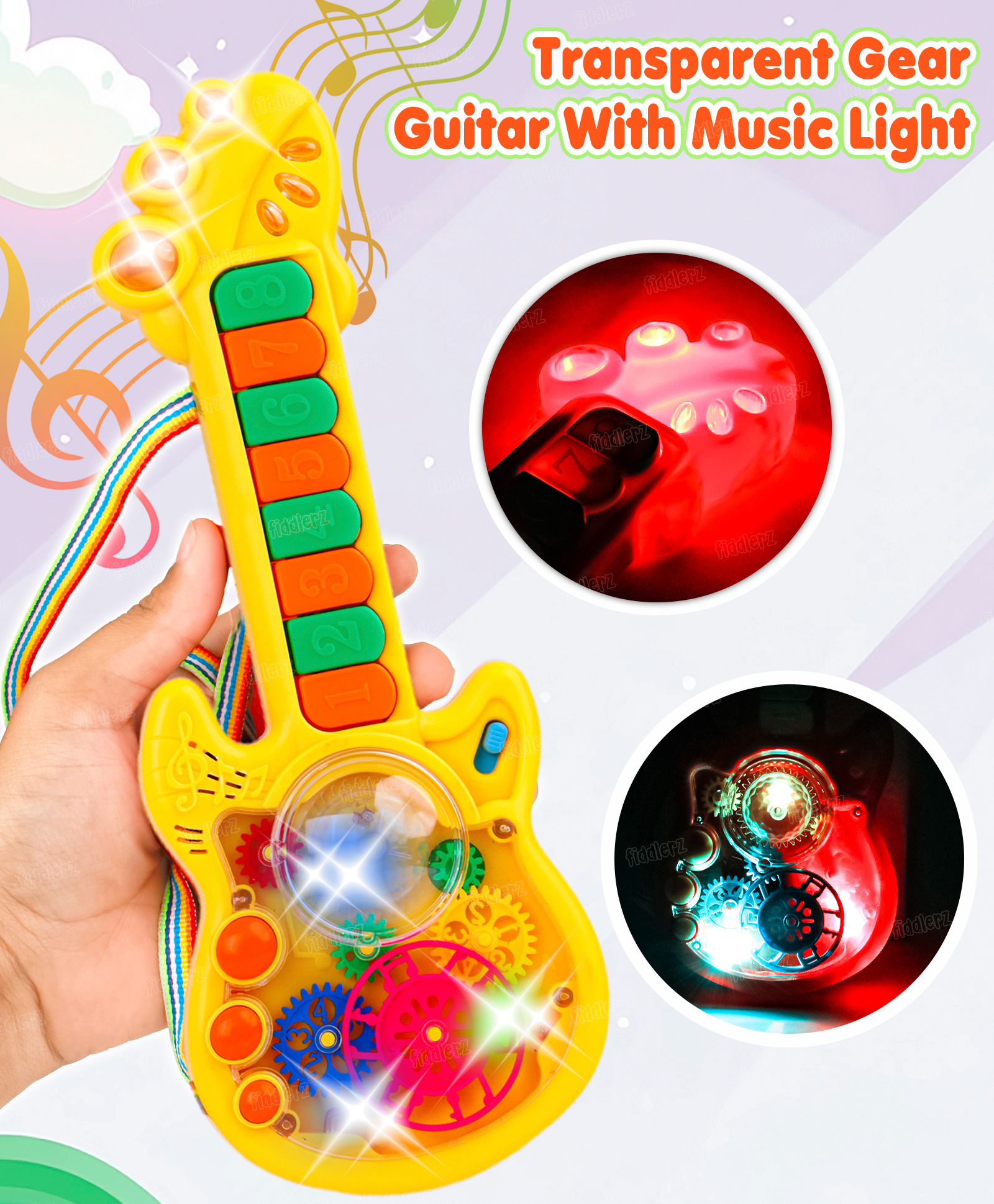 Fiddlerz Musical Guitar Toy for Kids with Rotating Gears Flashing Lights & Piano Sound - Assorted Color-image-10