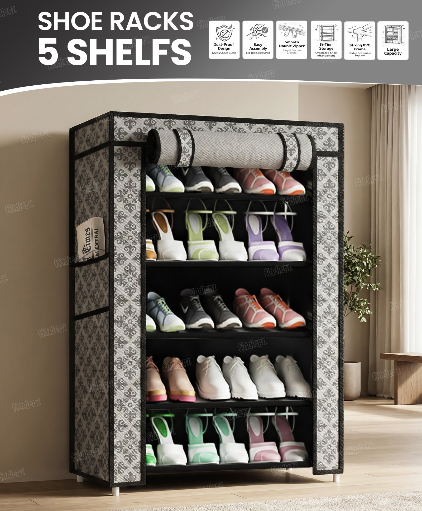 Fiddlerz Multipurpose 5 Shelves Shoe Rack Cabinet with Zip Door Cover Side Pockets Collapsible Shoes Shelf - Black-picture-25