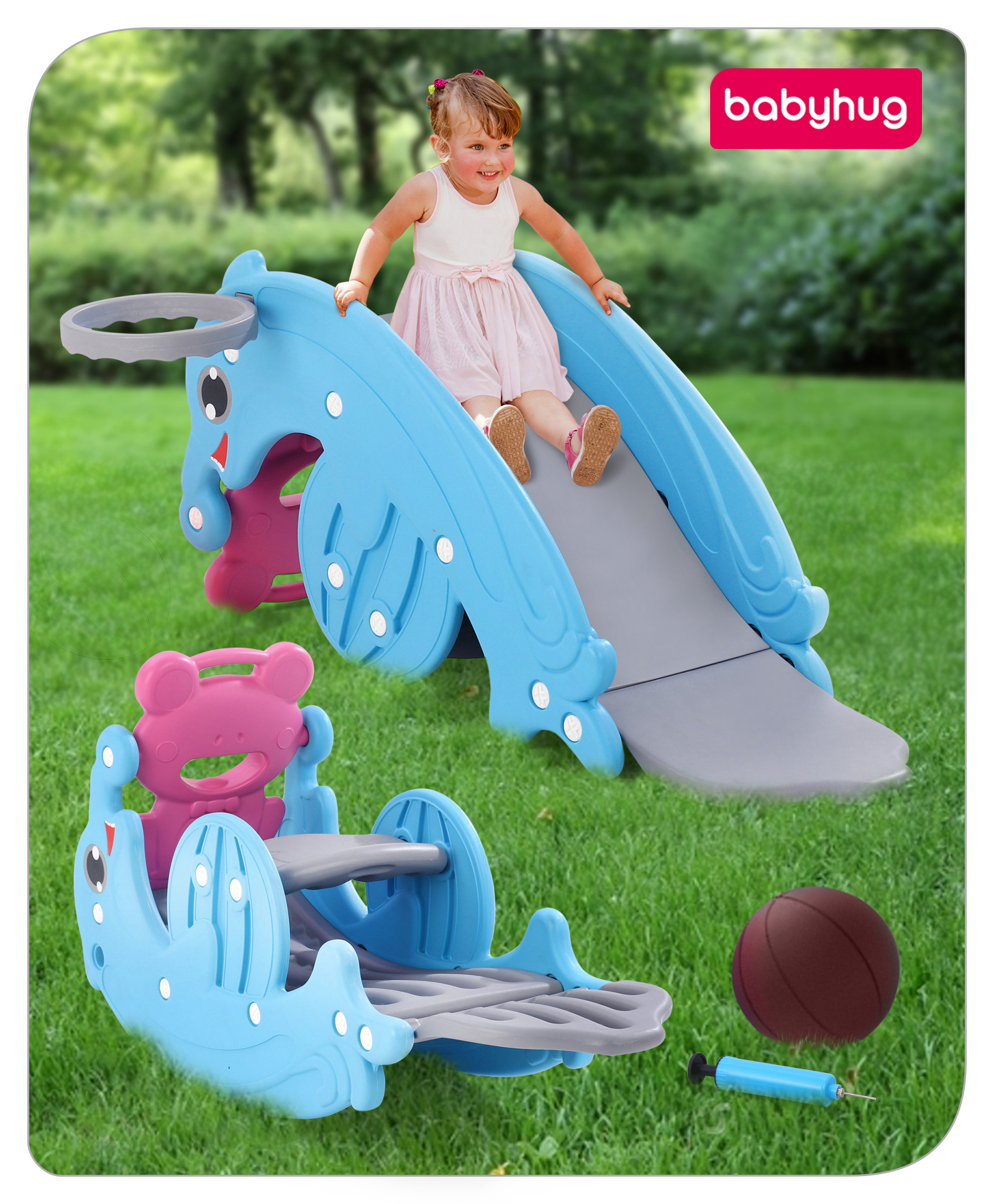Babyhug 3 in 1 Slide & See Saw with Basketball Ring- Blue and Pink-picture-21