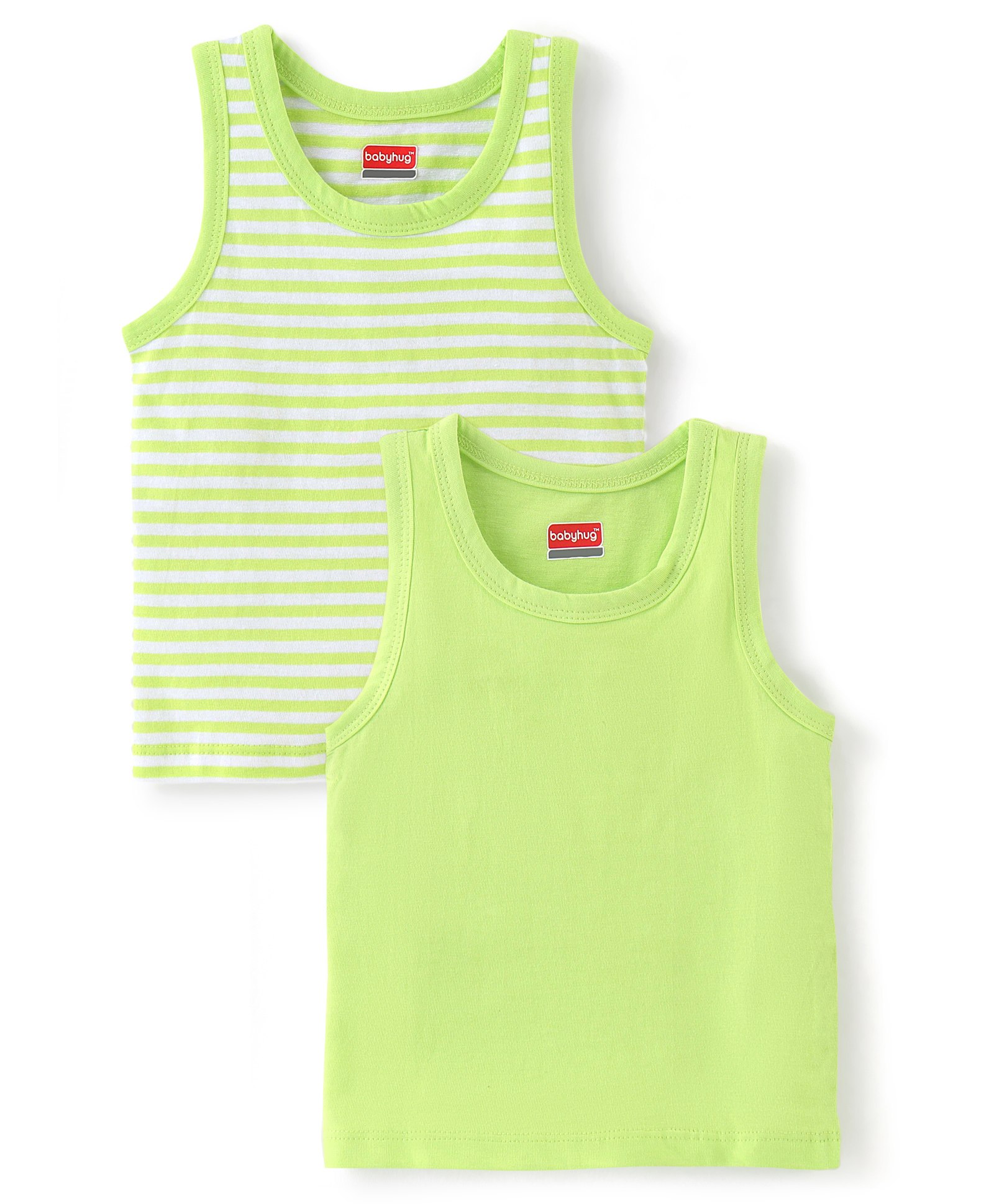 Babyhug 100% Cotton Sleeveless Solid & Striped Sando Pack of 2 - Lime Green-image-26
