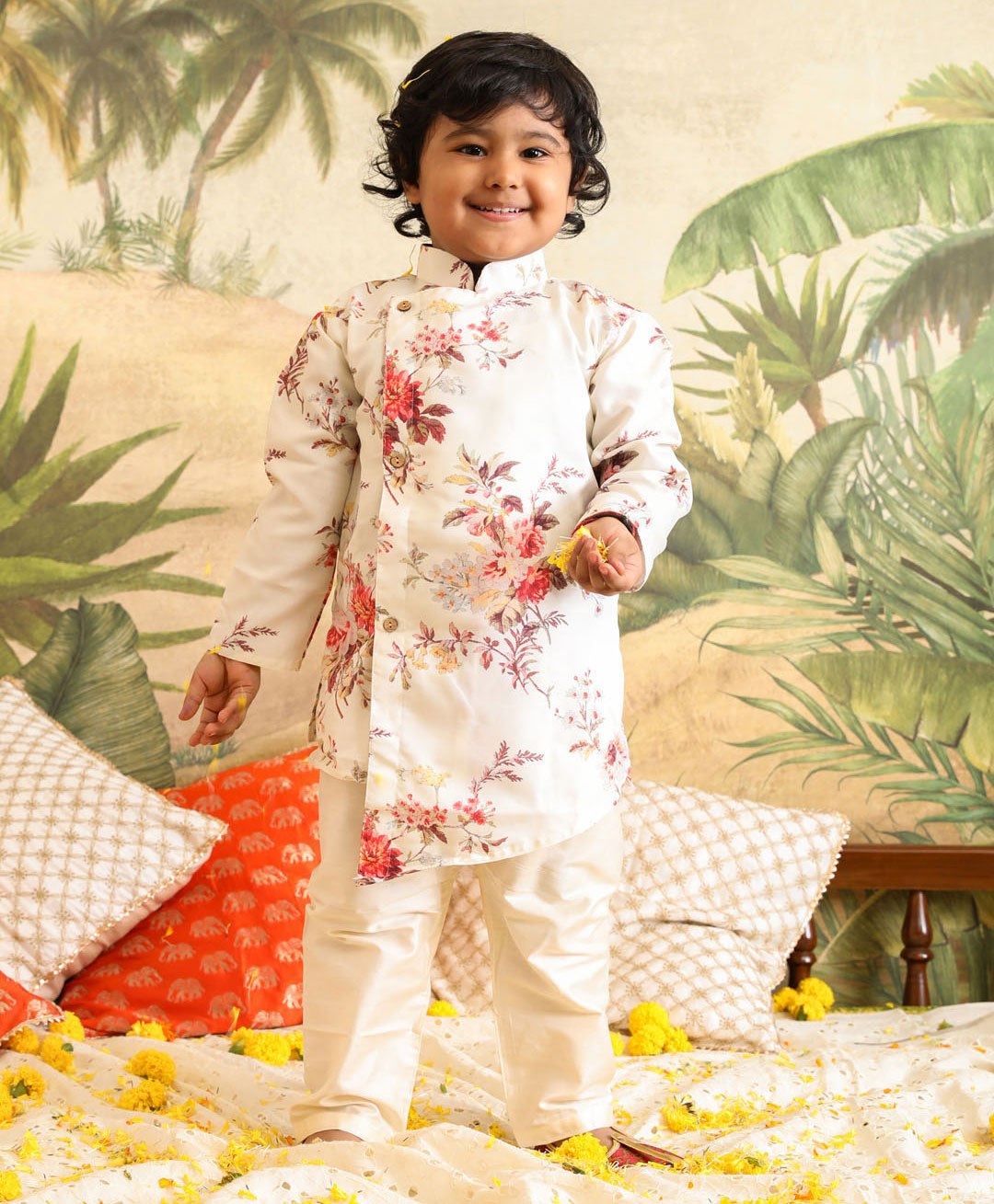 VASTRAMAY SISHU Muslin Full Sleeves Botanical Floral Printed Asymmetrical Kurta With Pyjama - Cream-picture-25