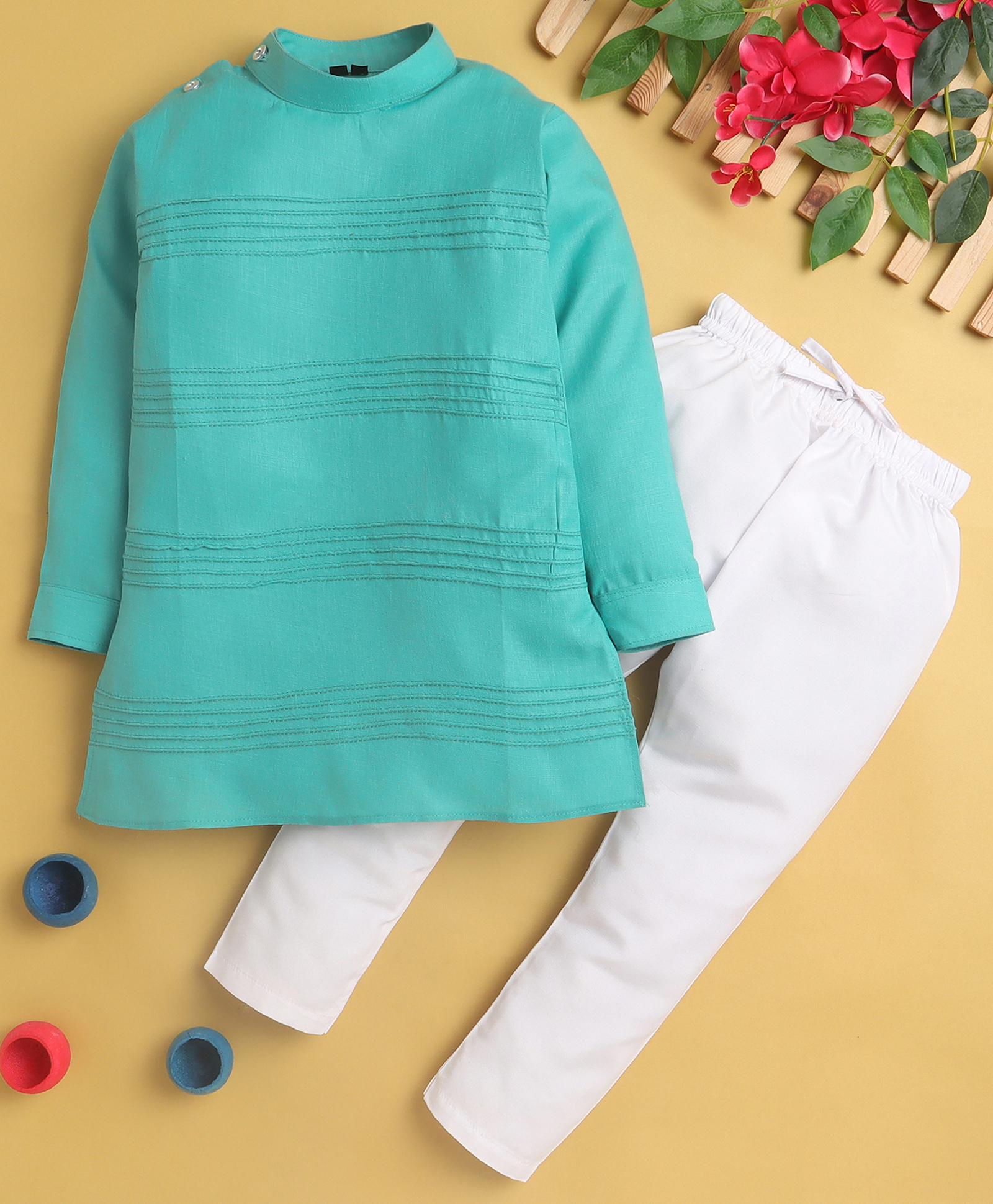 Jeet Ethnics Full Sleeves Double Striped Self Design Kurta with Pyjama - Turquoise-picture-20
