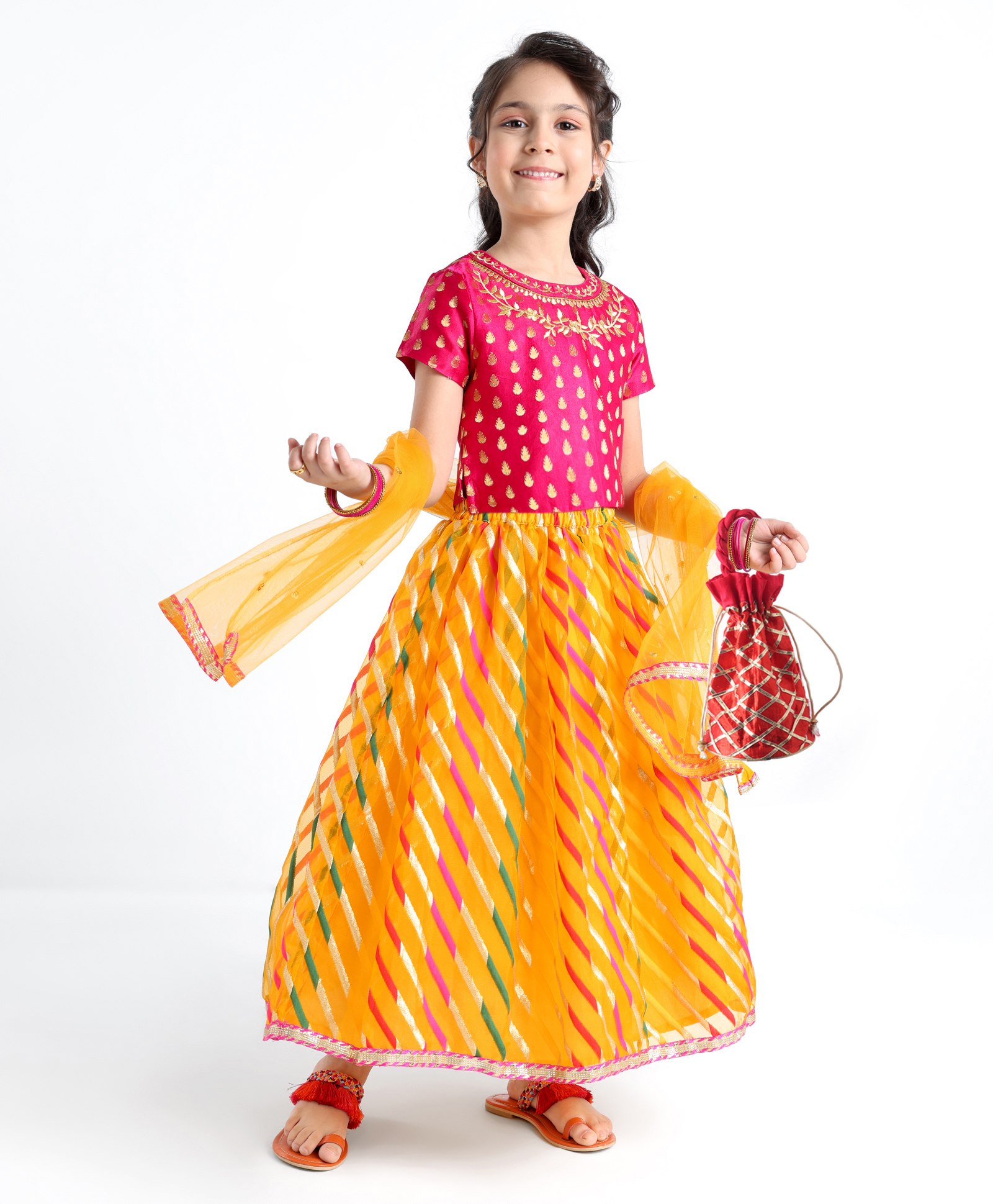 Babyhug Short Sleeve Embroidered Choli With Gotta Patti Lehenga And Dupatta Set - Yellow & Fuschia-image-48