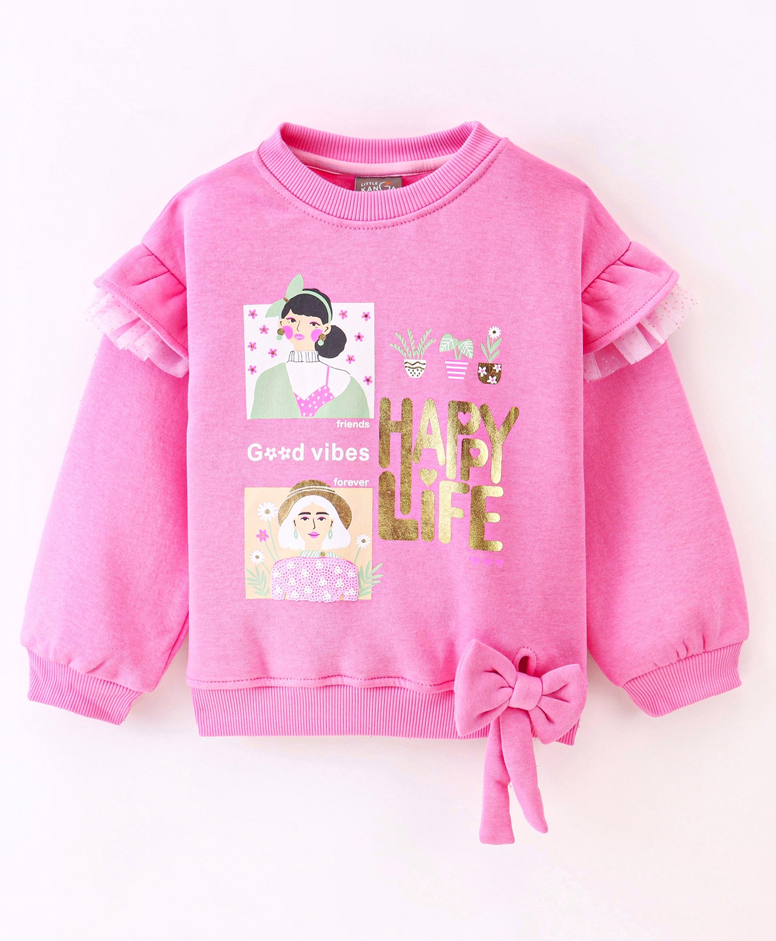 Little Kangaroos Cotton Blend Full Sleeves Sweatshirt Doll Foil Print & Frill Detailing with Bow - Medium Pink-image-2