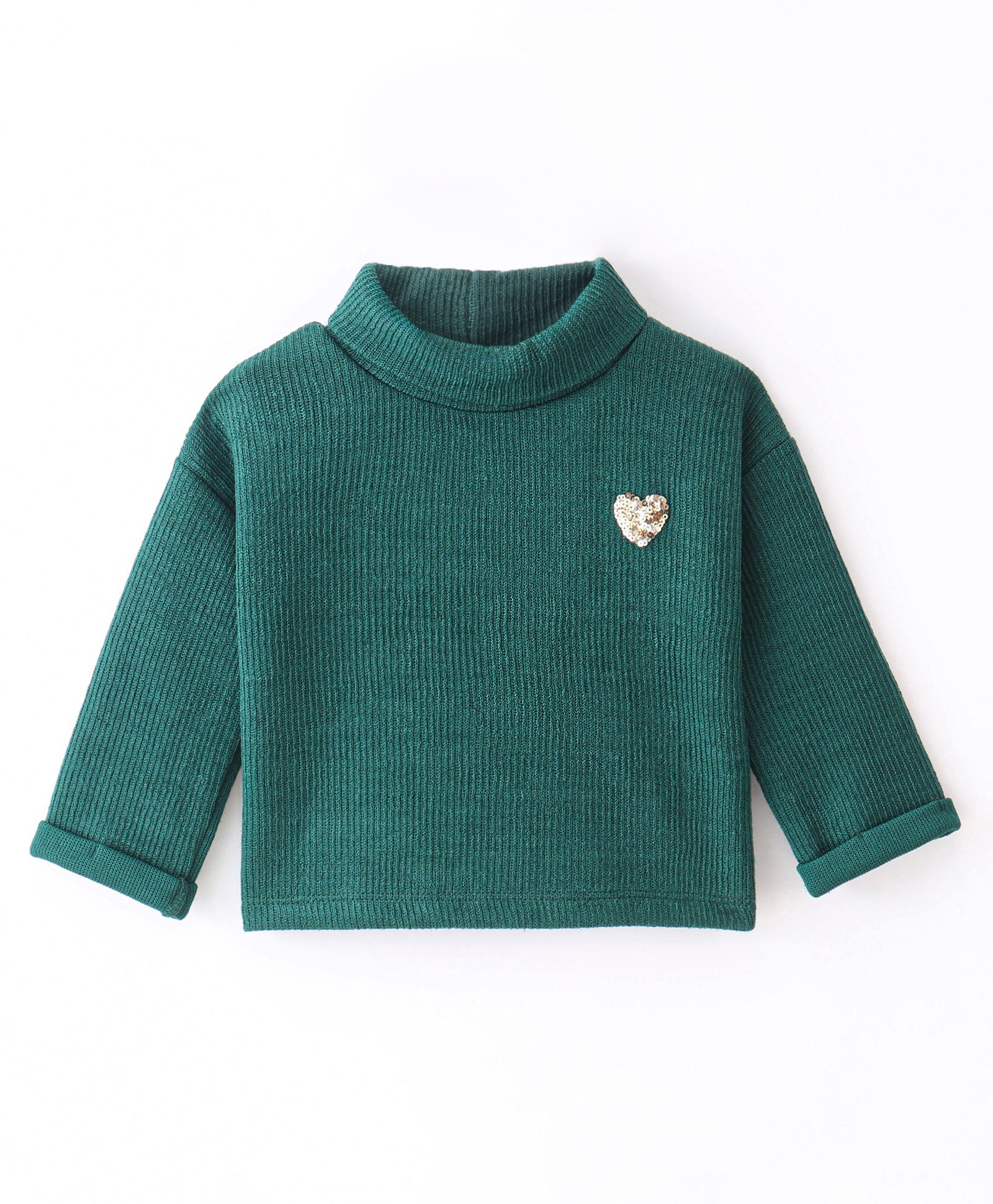 Little Kangaroos  Full Sleeves Light Winter Wear Turtle Neck Top with  Sequins Heart Embroidery - Hunter Green-image-14