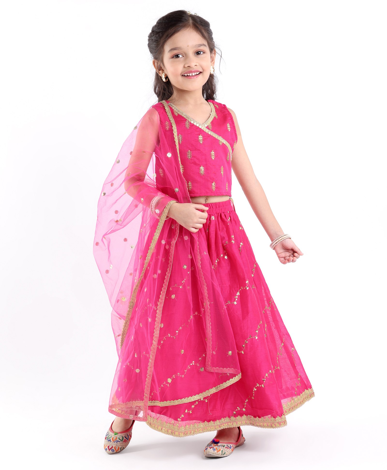 Babyhug Sleeveless Front Overlap Embroidered Choli With Lehenga And Dupatta Set-Fuschia-image-41
