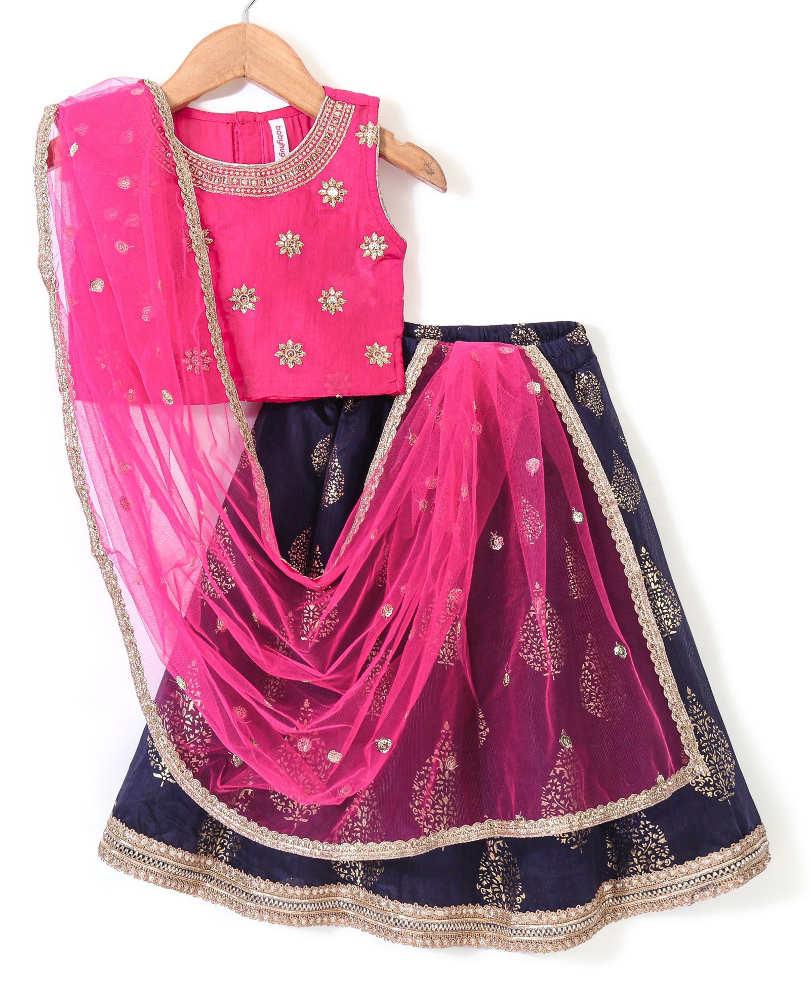 Babyhug Sleeveless Embroidered Choli With Foil Printed Lehenga And Dupatta Set - Navy & Fuschia-image-34