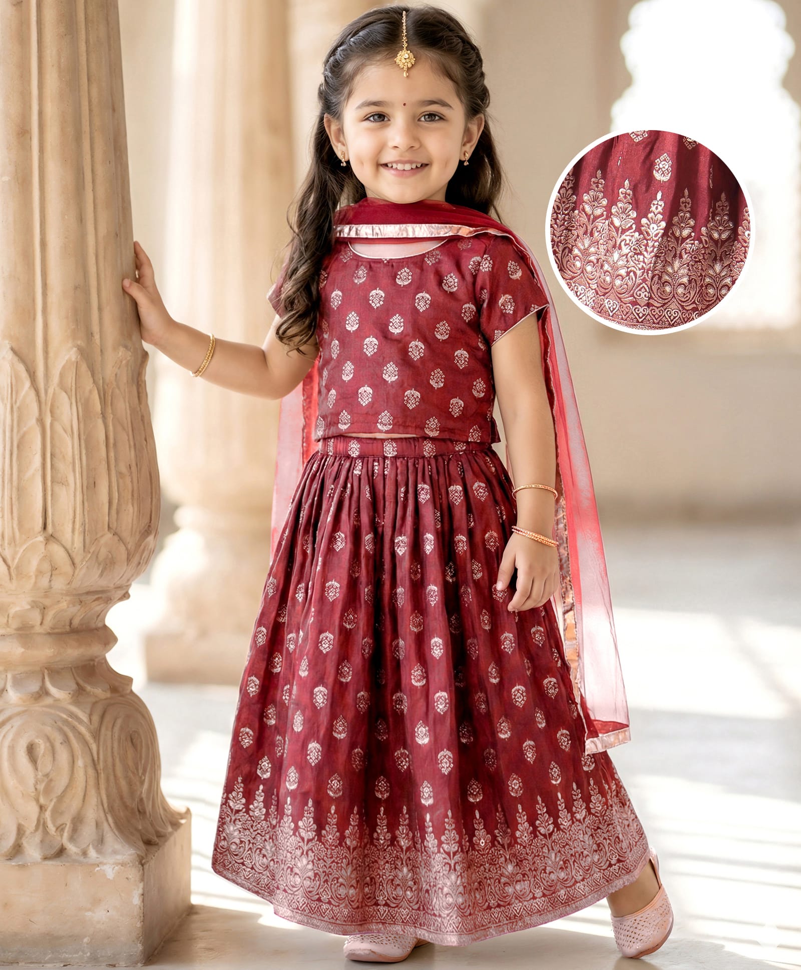 Babyhug Short Sleeve Chanderi Butti Lehenga Choli And Dupatta Set- Maroon.-image-37