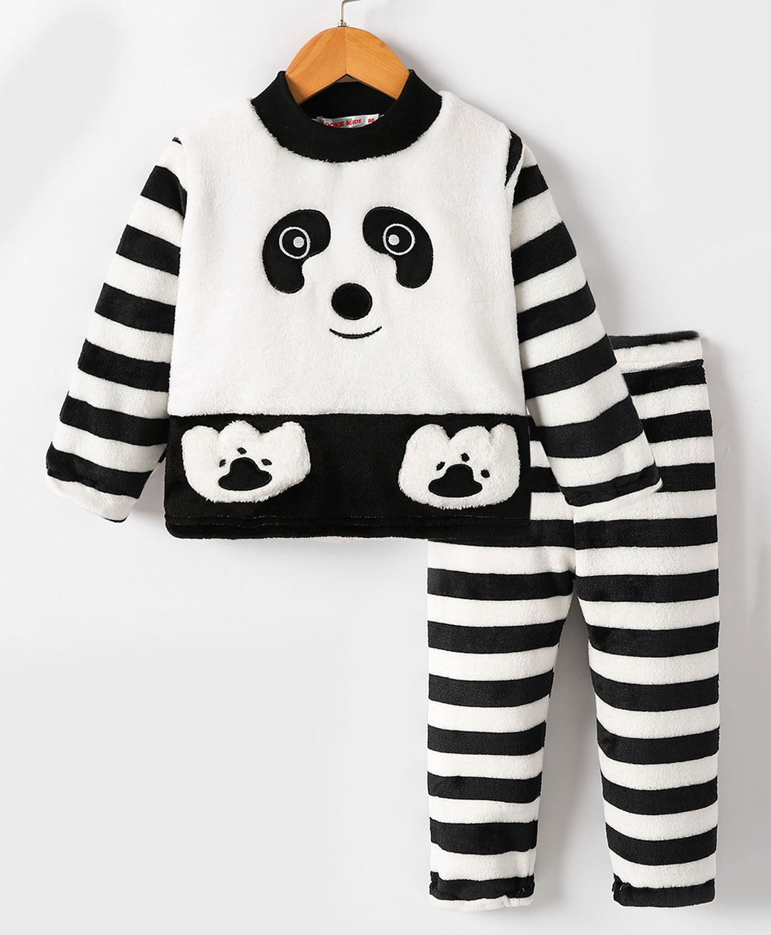 Kookie Kids Full Sleeeves Panda Detailing Winter Night Suit - Black & White-image-1
