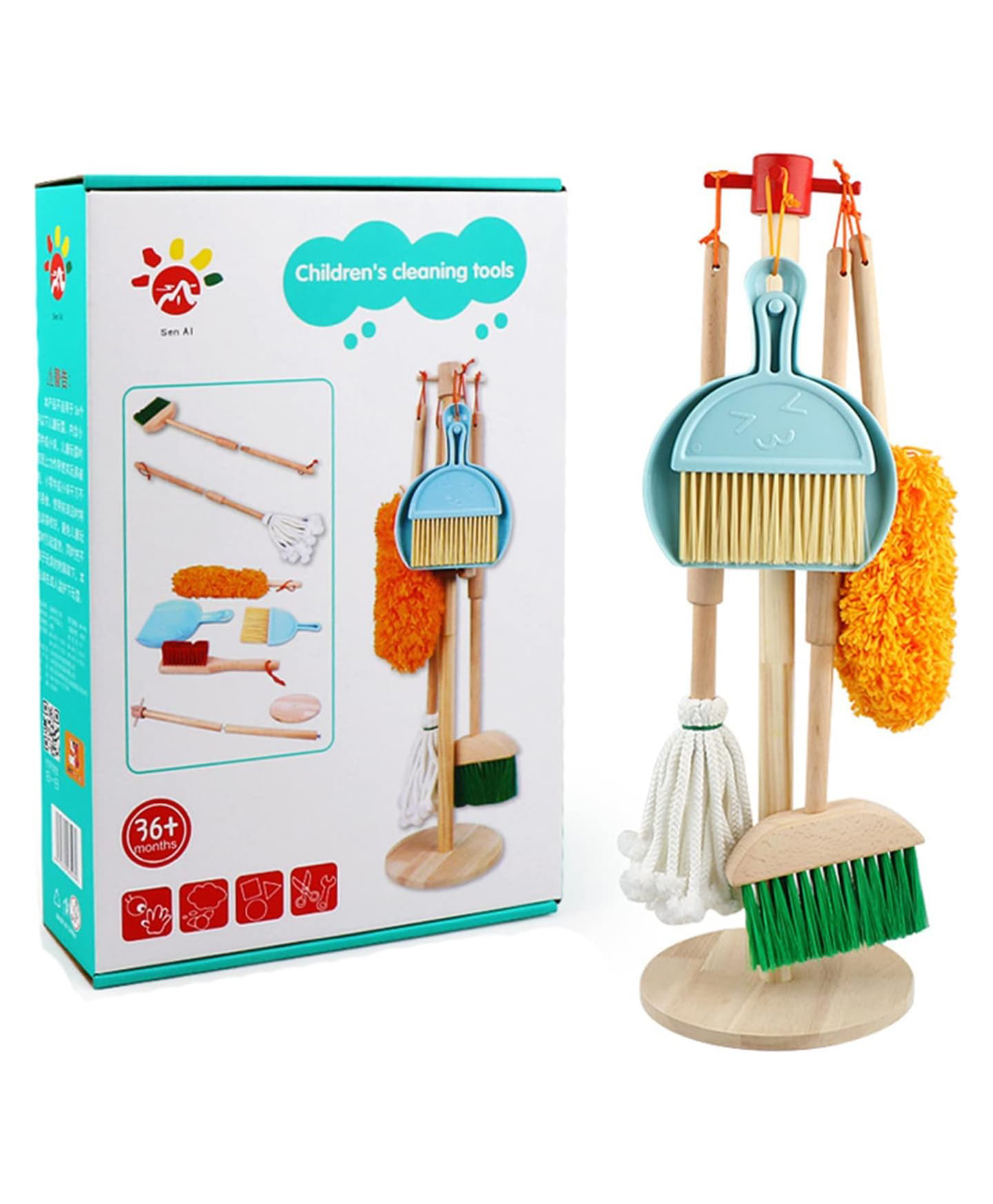 HAPPY HUES Cleaning Toy Set for Toddlers 5 Piece Kids Cleaning Set Includes Broom Brush Dustpan Mop Duster and Hanging Stand Housekeeping Kit of 8 Pieces- Multicolor-picture-18