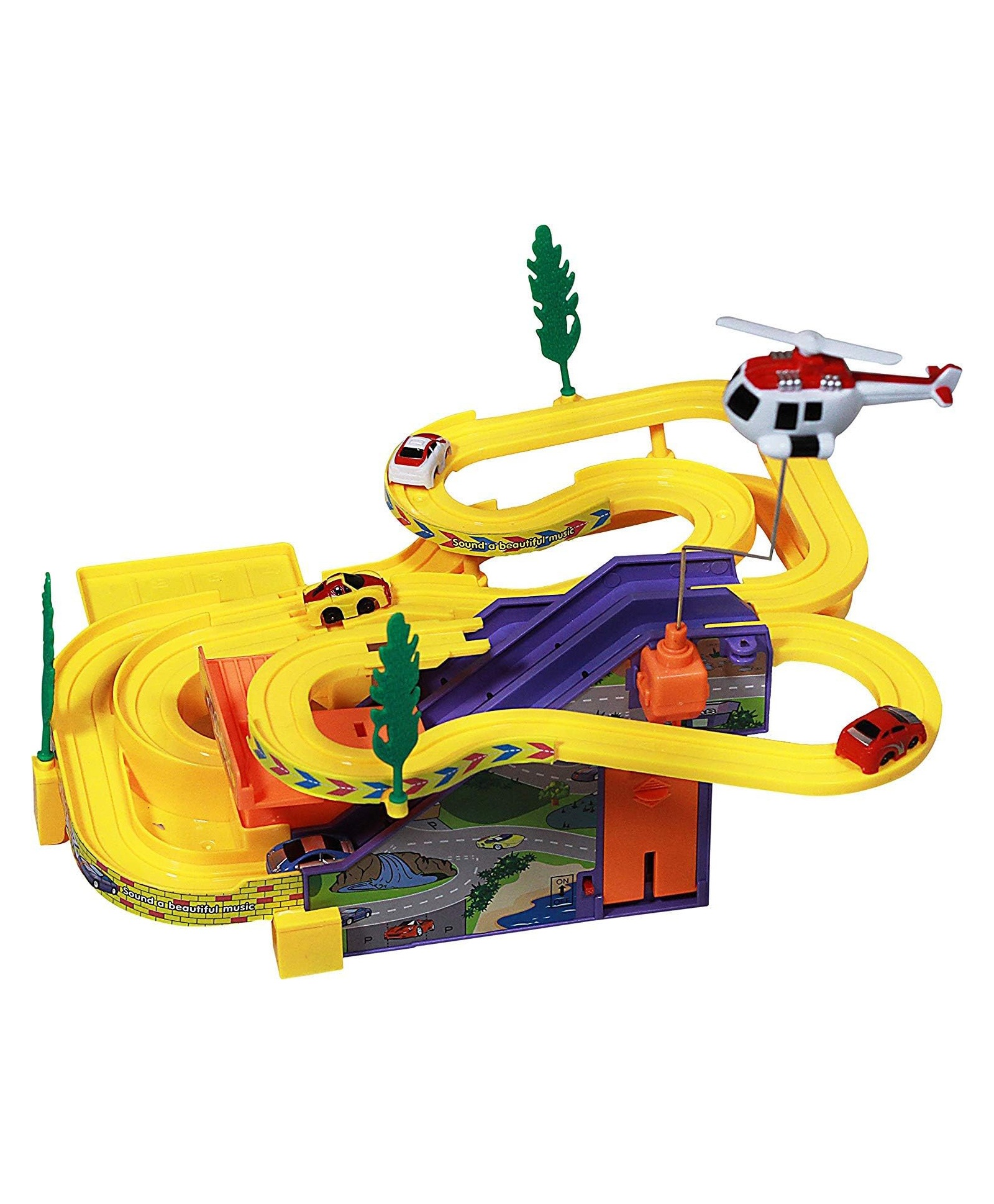 FunBlast Ramp Racing Gliding Cars & Track Racer with Sound & Lights 4 Pieces - Yellow-image-3