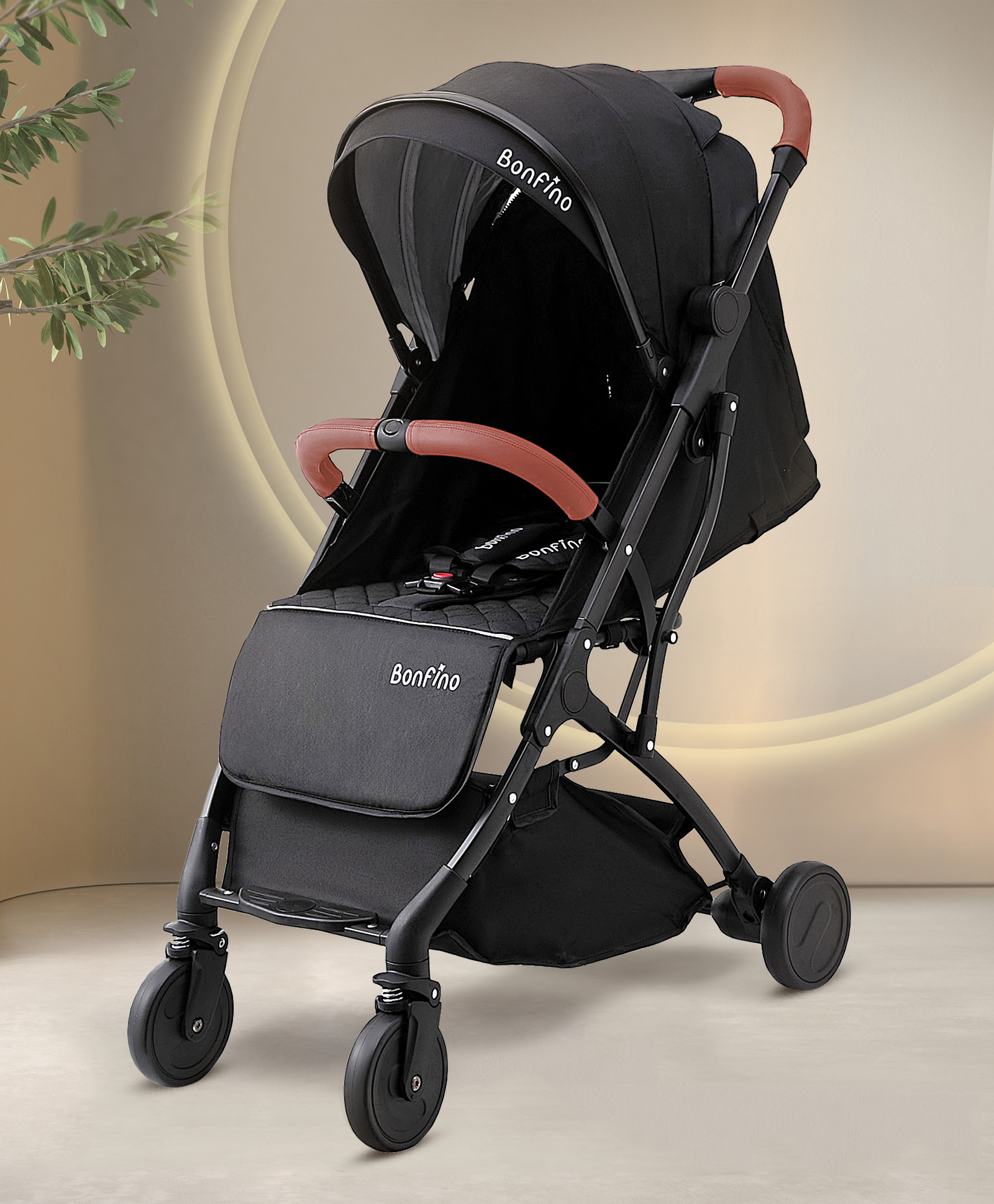 Bonfino Runway Cabin Stroller with Concealed Linked Brake|Compact Fold| Mosquito Net| Storage Bag| Soft Quilted Reclining Seat| Aluminum Frame| Integrated Trolley Handle - Copper Black