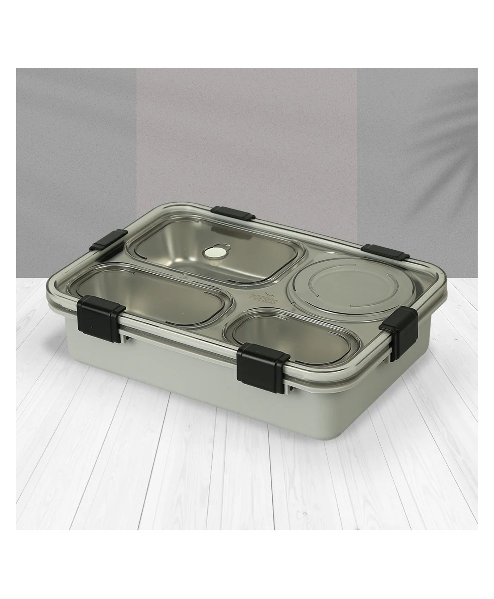 YAMAMA 4 Grid Insulated Stainless Steel Lunch Box With Fork Chopsticks And Spoon For Kids  Grey-image-1