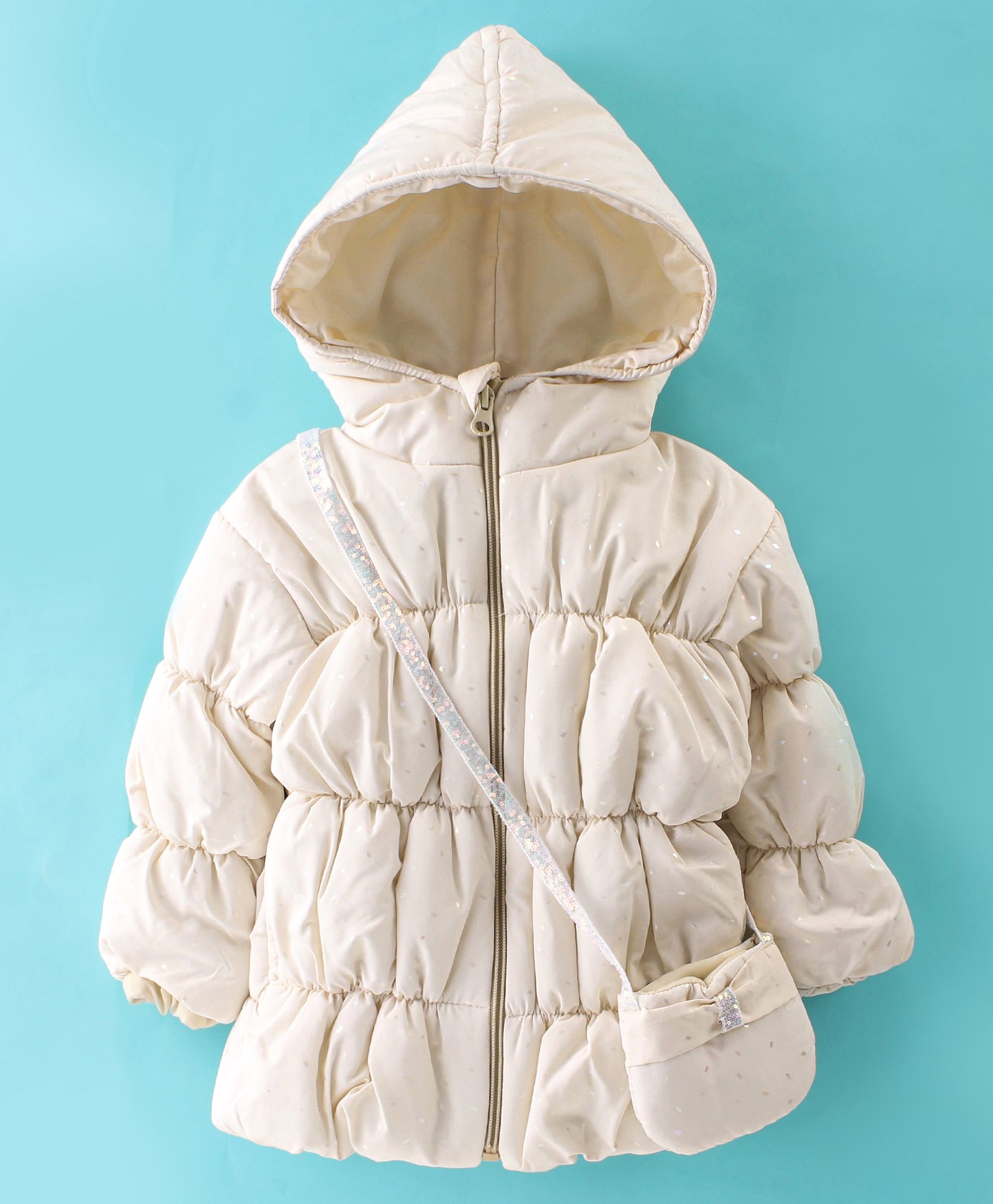 Little Kangaroos Full Sleeves Hooded Padded Jacket with Foil Print & Sling Bag - Butter-picture-32