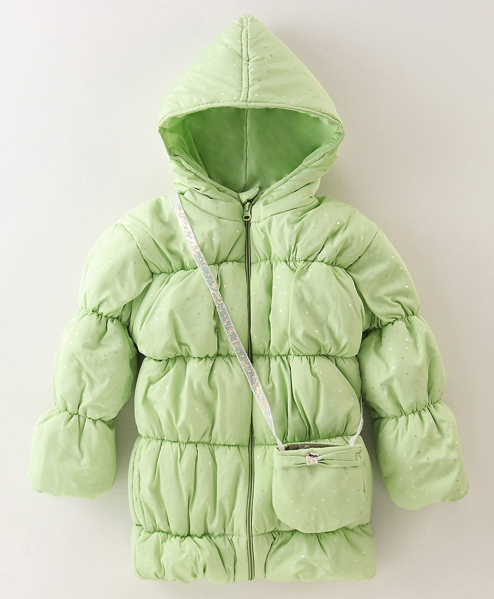 Little Kangaroos Full Sleeves Hooded Padded Jacket with Foil Print & Sling Bag - Mint Green-picture-33