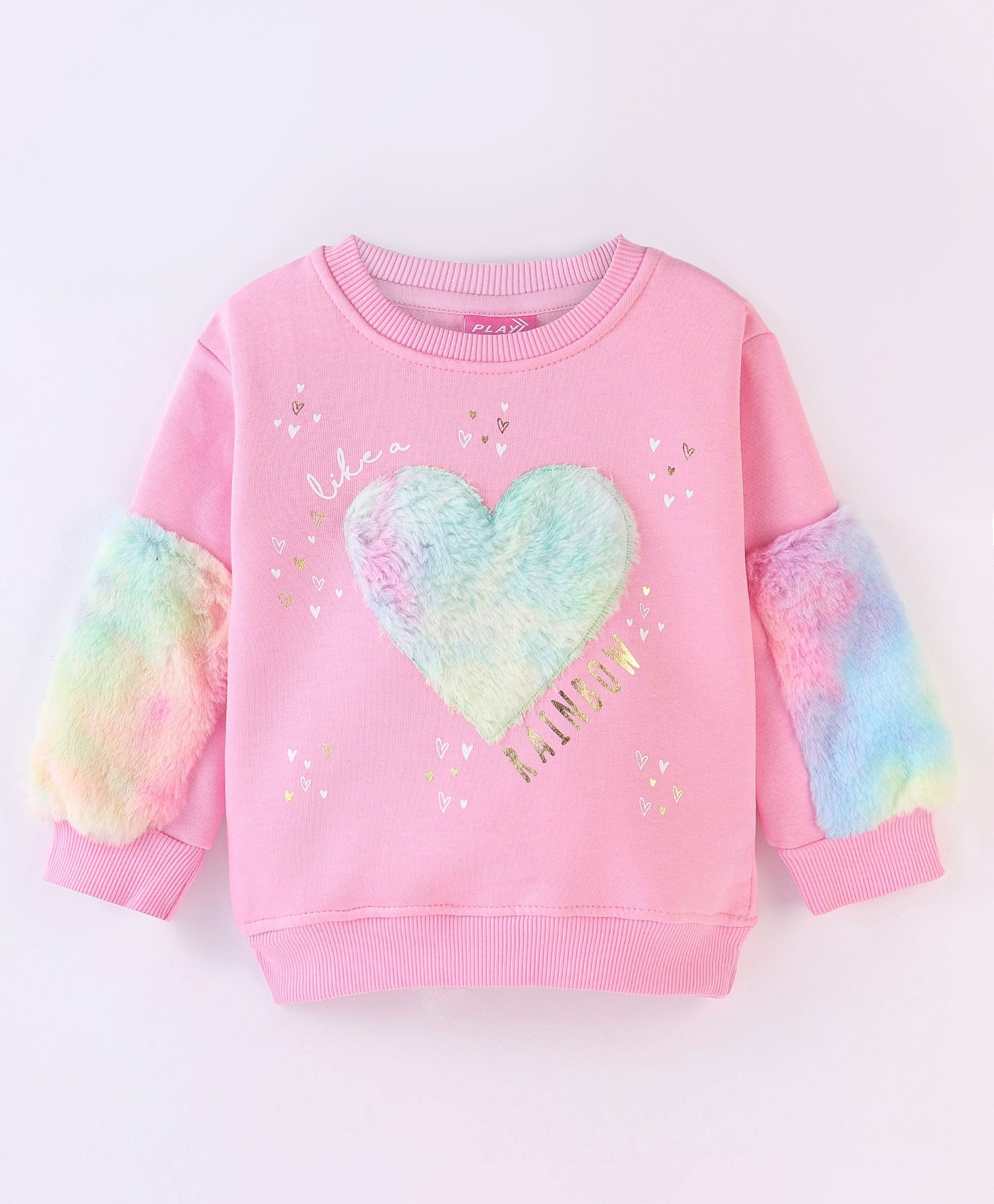 Little Kangaroos Fleece Full Sleeves Sweatshirt with Furr Heart Applique - Pink-image-44