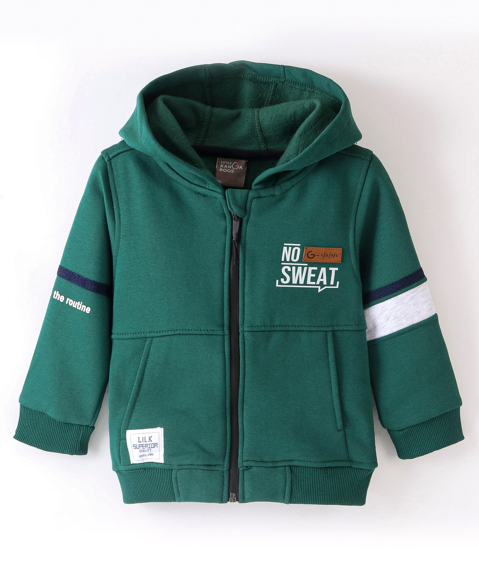 Little Kangaroos Woven Full Sleeves Hooded Sweatshirt With Text Print - Green-picture-14