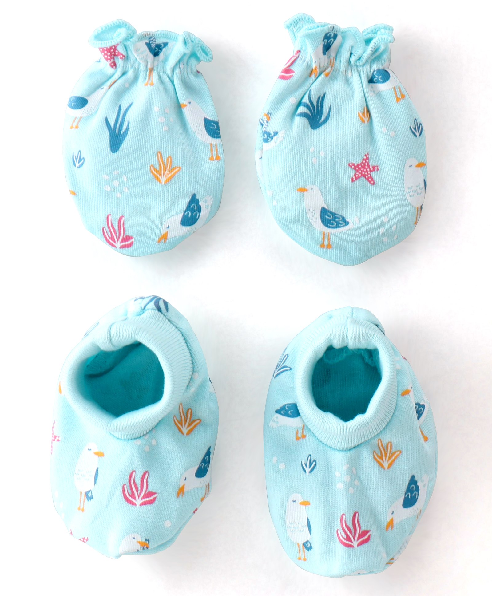Babyhug 100% Cotton Knit Bird Print Mittens and Booties - Blue-image-42