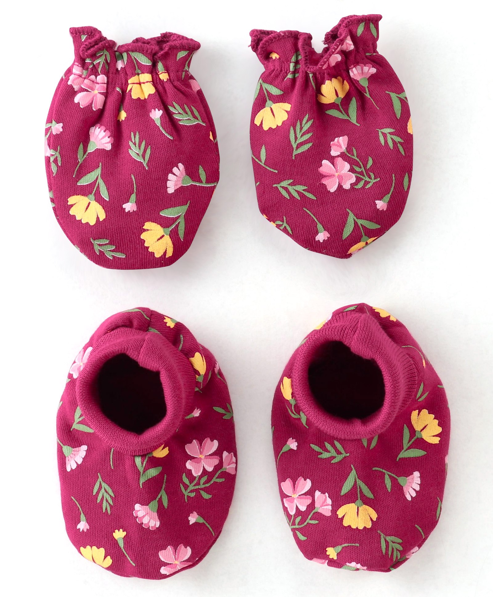 Babyhug 100% Cotton Knit Floral Print Mittens and Booties - Red-image-7