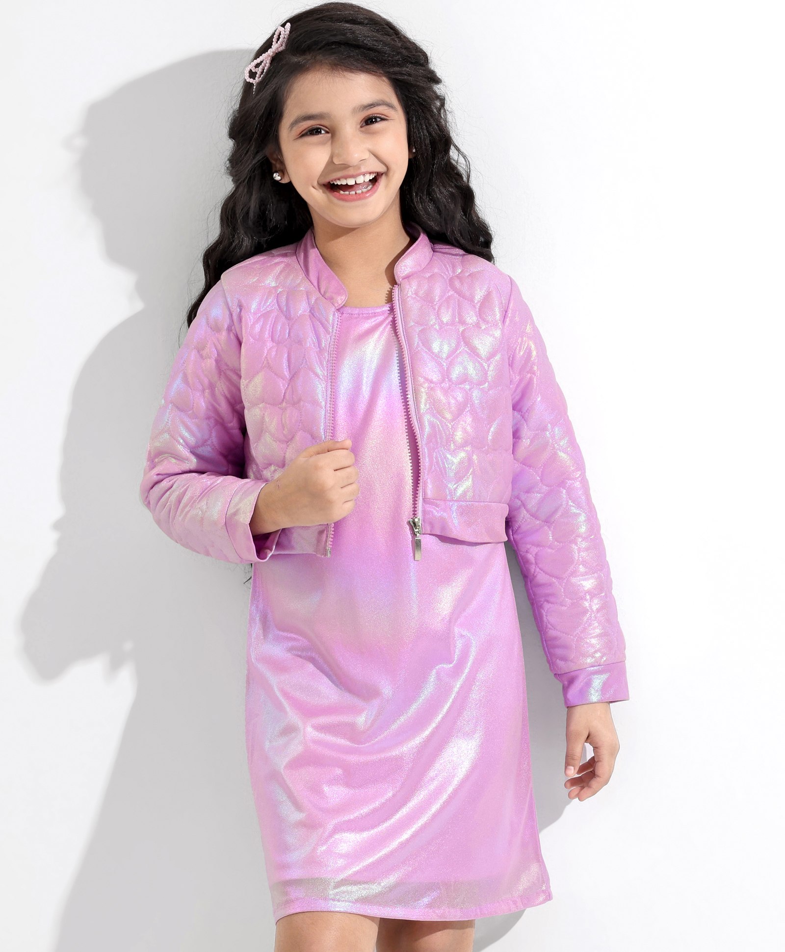 Hola Bonita Knee Length Holographic Full Sleeves Jacket with A-Line Party Frock - Lilac-image-33