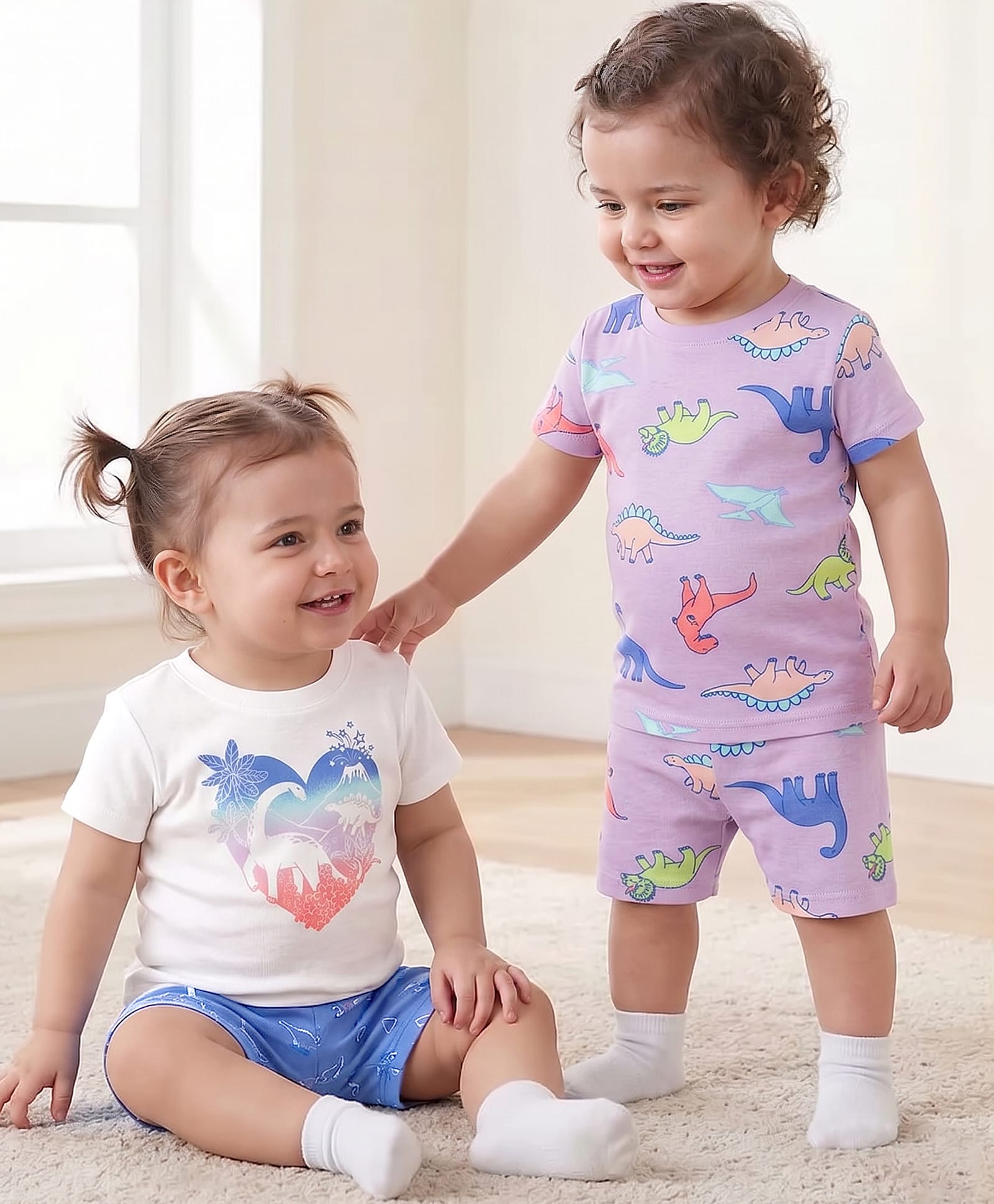 Carter's Half Sleeves Night Suit With Dinosaur Print Pack Of 2 - Purple & White-picture-40