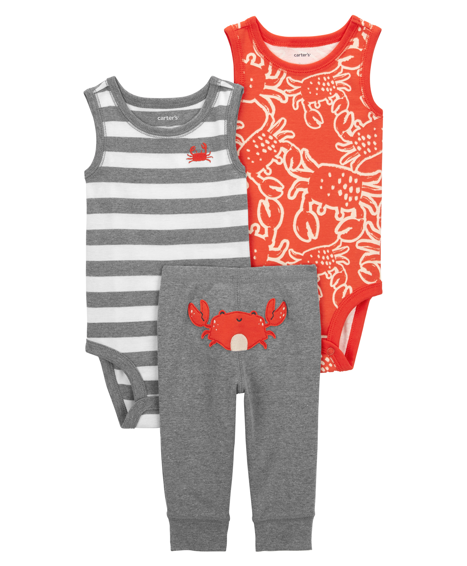 Carter's Cotton Blend Sleeveless Stripes & Crab Printed Onesies with Pajama Set - Grey & Orange-image-39
