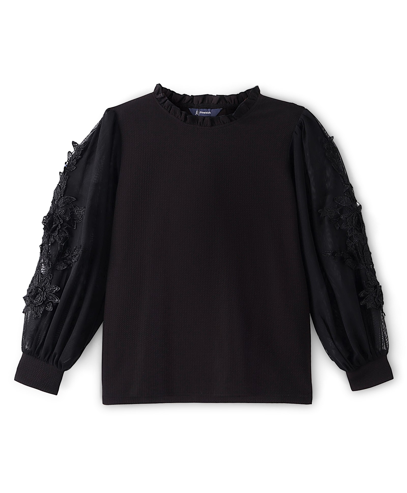 Pine Kids Knitted Full Sleeves Stretchable Solid Top with Floral Embroidered Net Sleeves - Black-picture-20