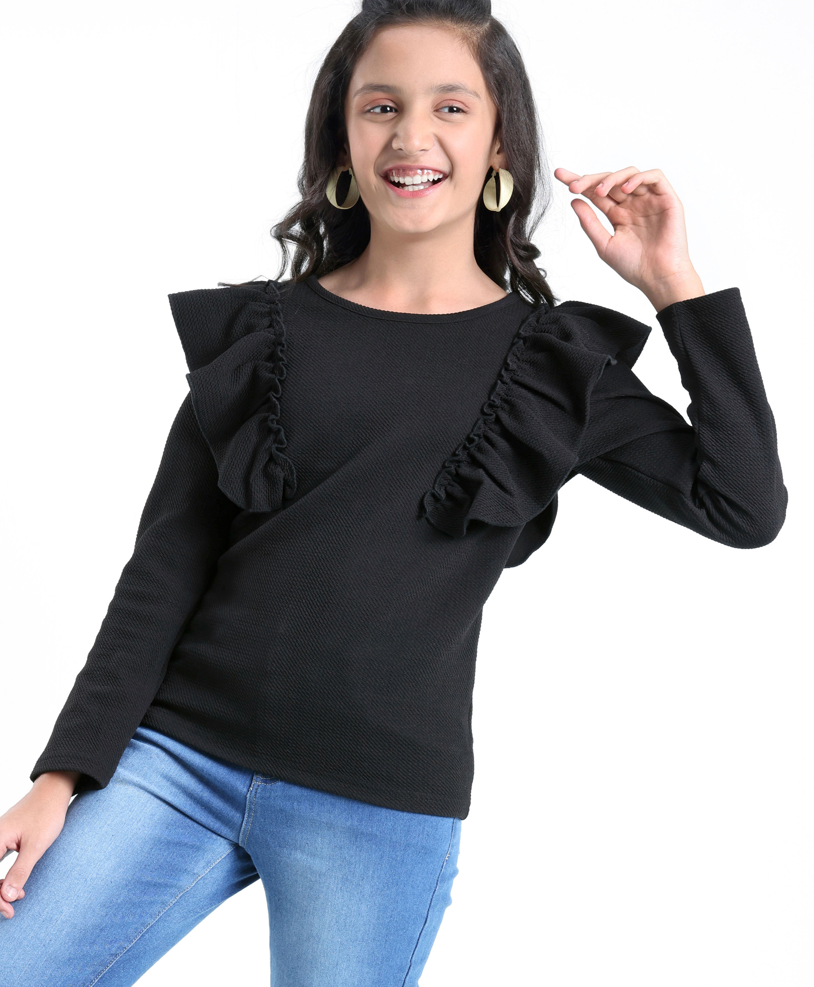 Pine Kids Knitted Full Sleeves Stretchable Solid Top with Ruffle Details - Black-picture-21