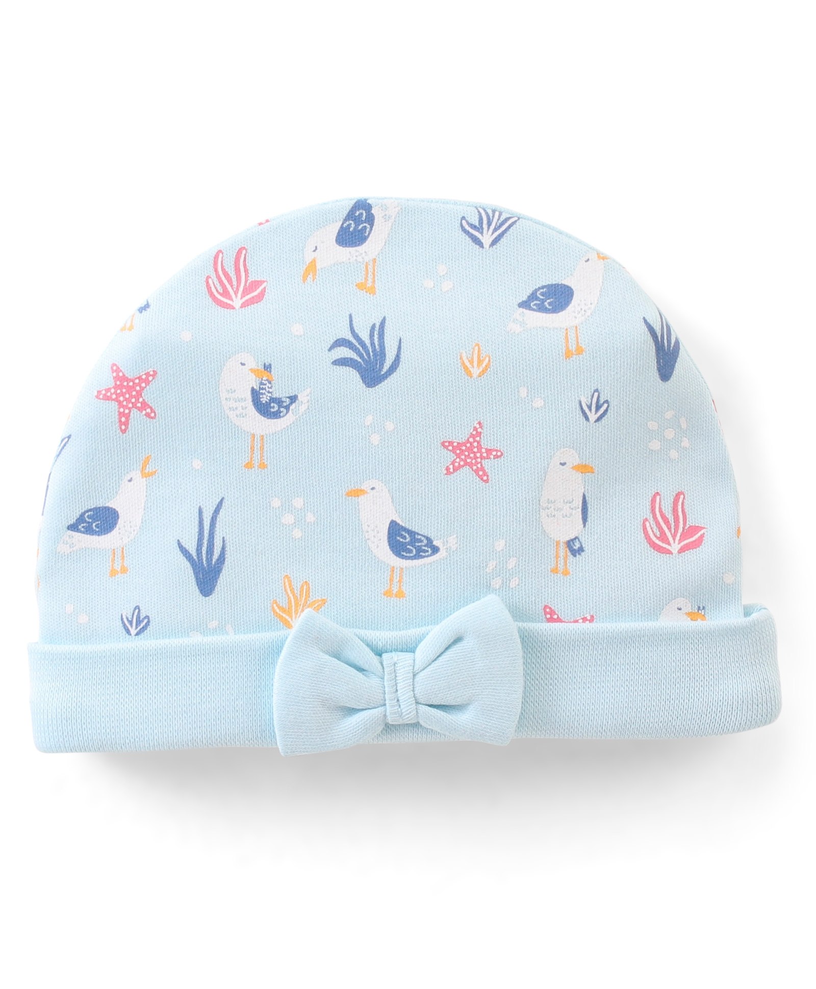 Babyhug 100% Cotton Knit Bird Print Cap with Bow Applique - Blue-image-40