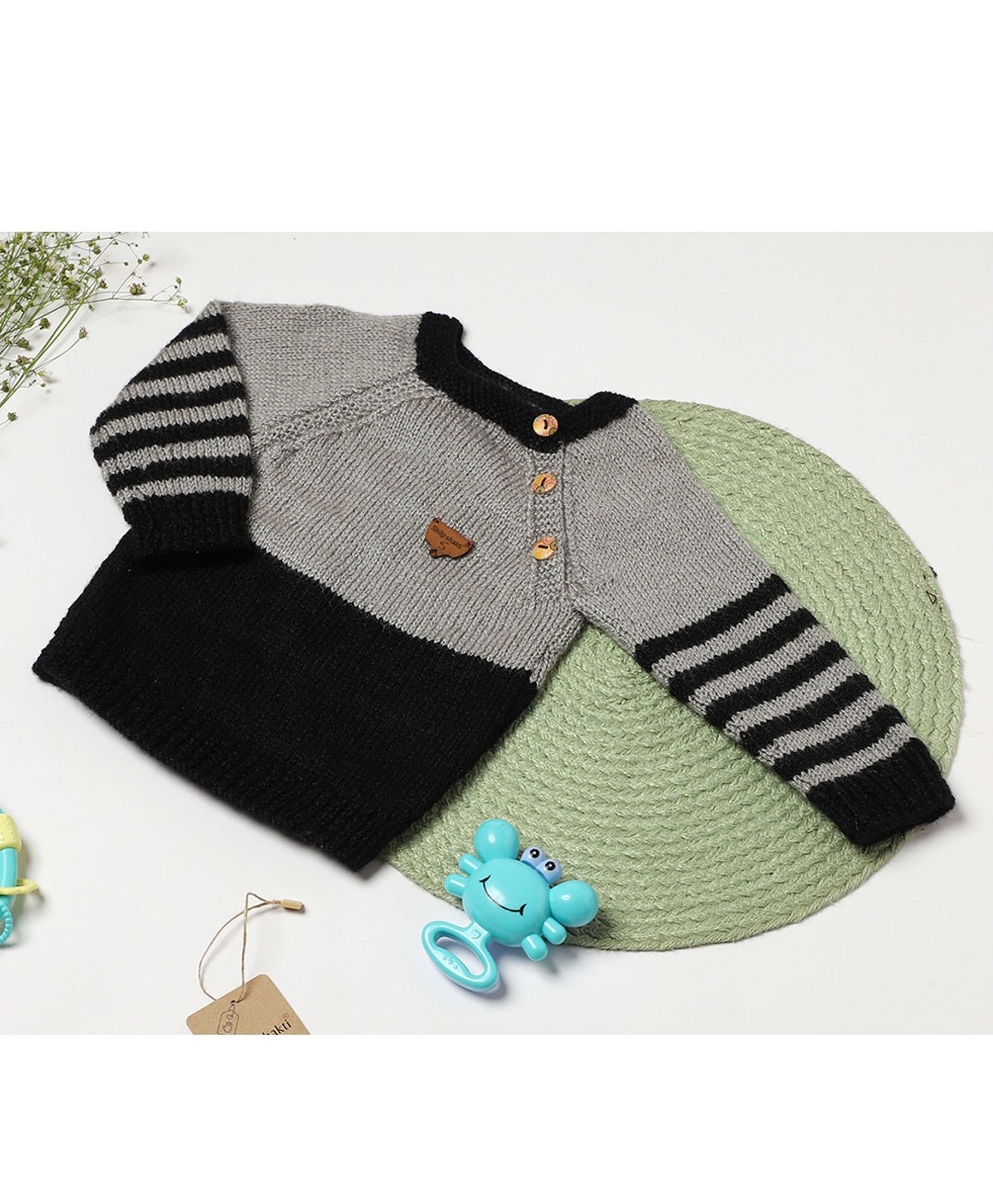 Shilpshakti Full Sleeves Handmade Striped Designed Sweater - Grey & Black-picture-20