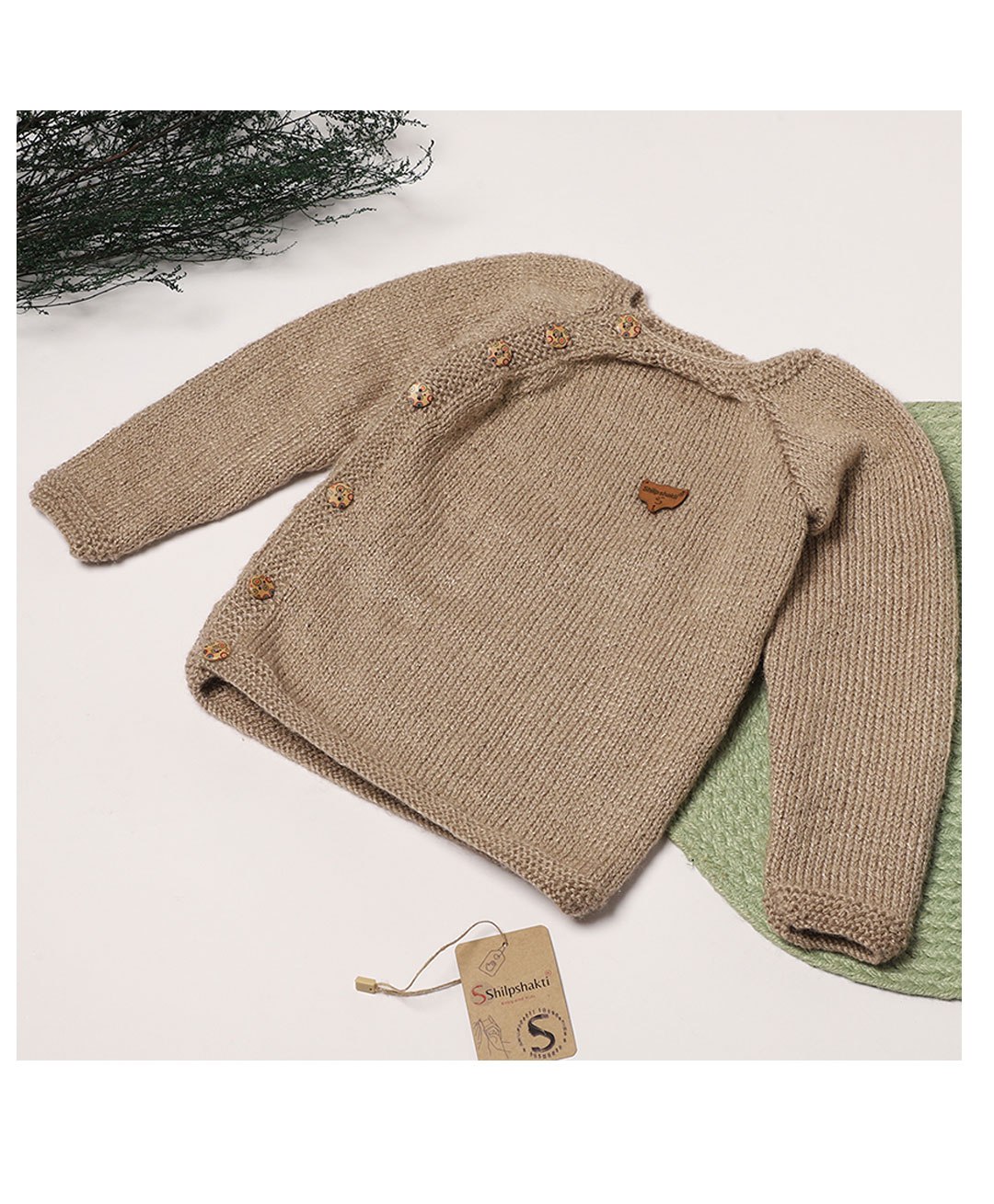 Shilpshakti Full Sleeve Solid & Handmade Side Button Cardigan Sweater - Beige-picture-8