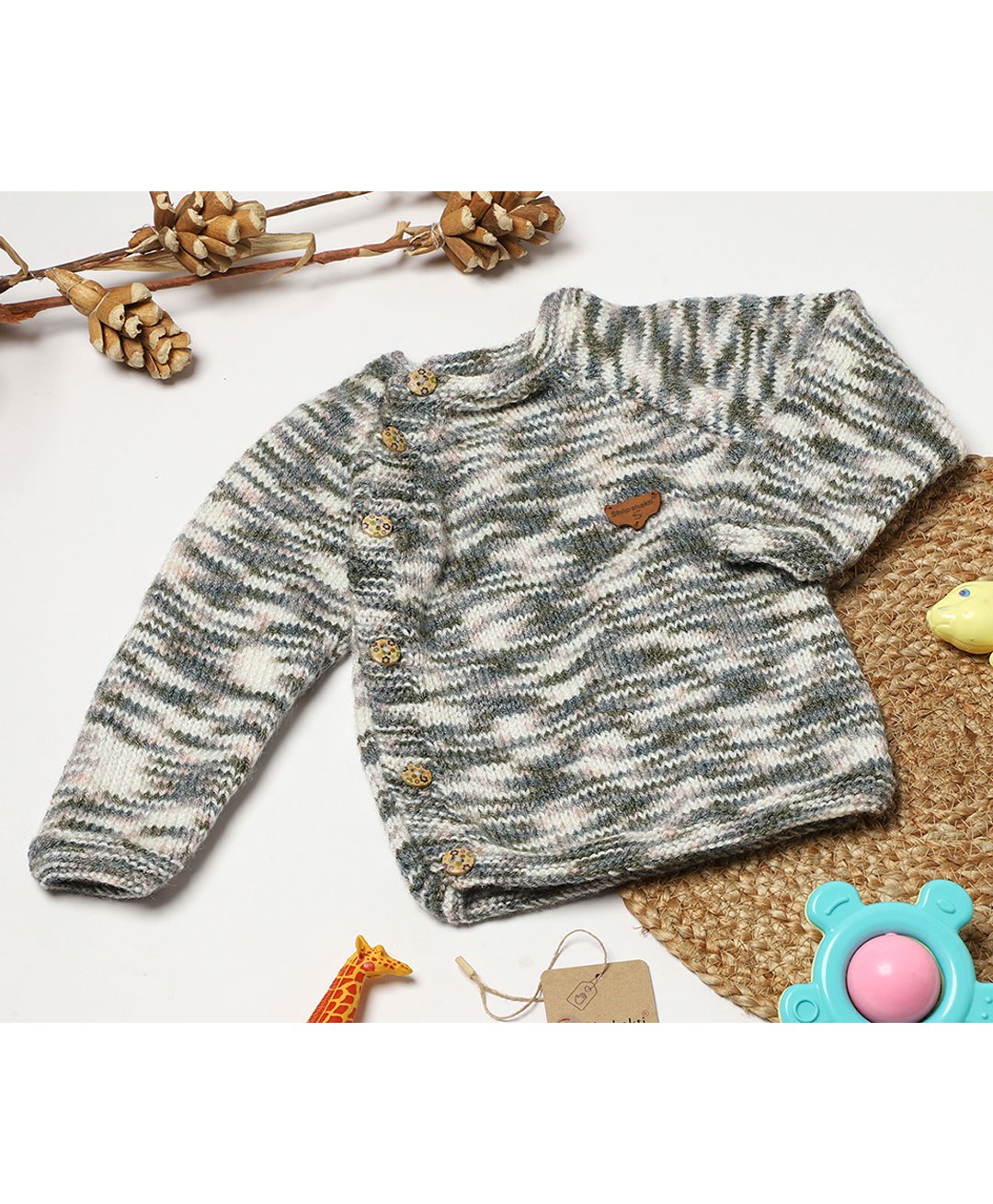 Shilpshakti Full Sleeve Abstract Designed   Handmade Side Button Cardigan Sweater - Multi Colour & Grey-image-40
