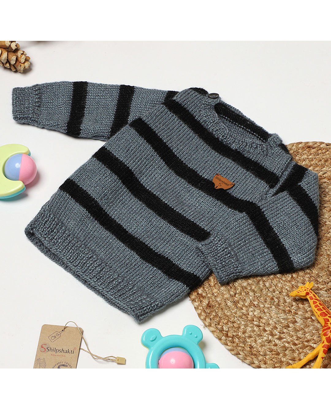 Shilpshakti Full Sleeves Striped Designed Colour Blocked    Handmade Sweater - Grey & Black-picture-25