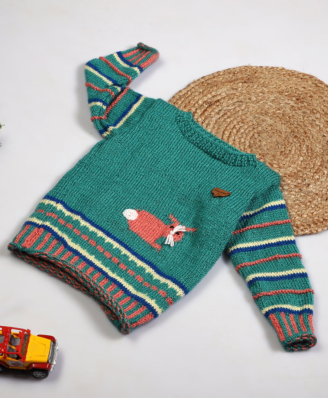 Shilpshakti Full Sleeves Striped & Bunny Design Detailed  Handmade  Sweater - Green-picture-31