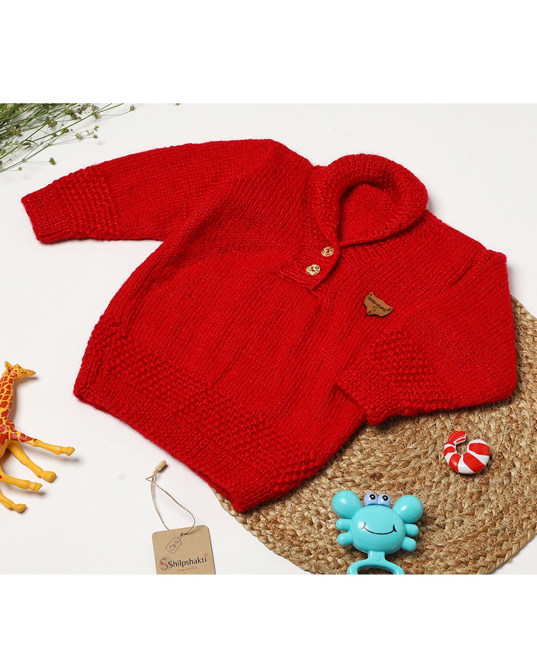 Shilpshakti Full Sleeves Solid  Handmade Sweater - Red-image-21