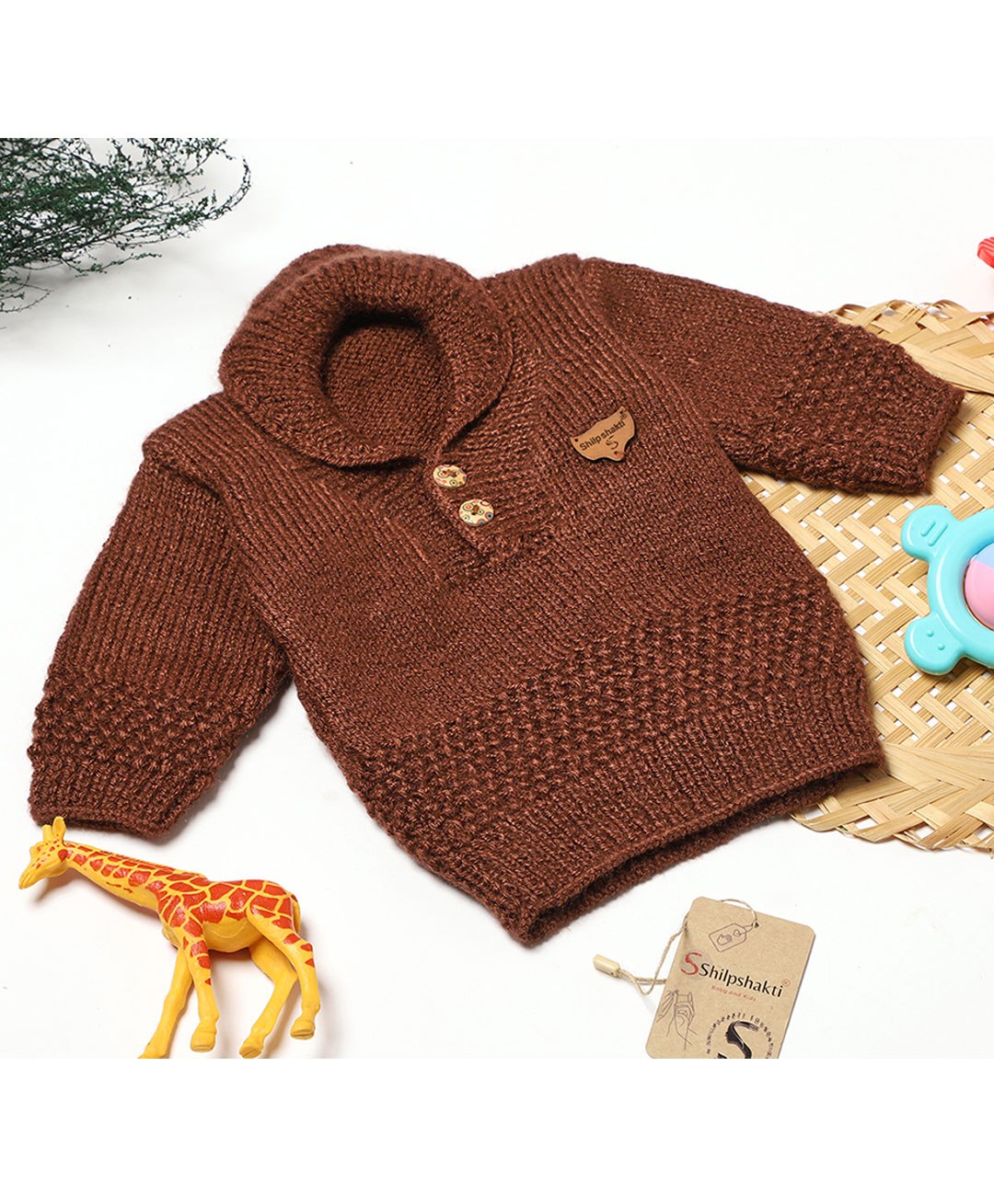 Shilpshakti Full Sleeves Solid  Handmade Sweater - Brown-image-28