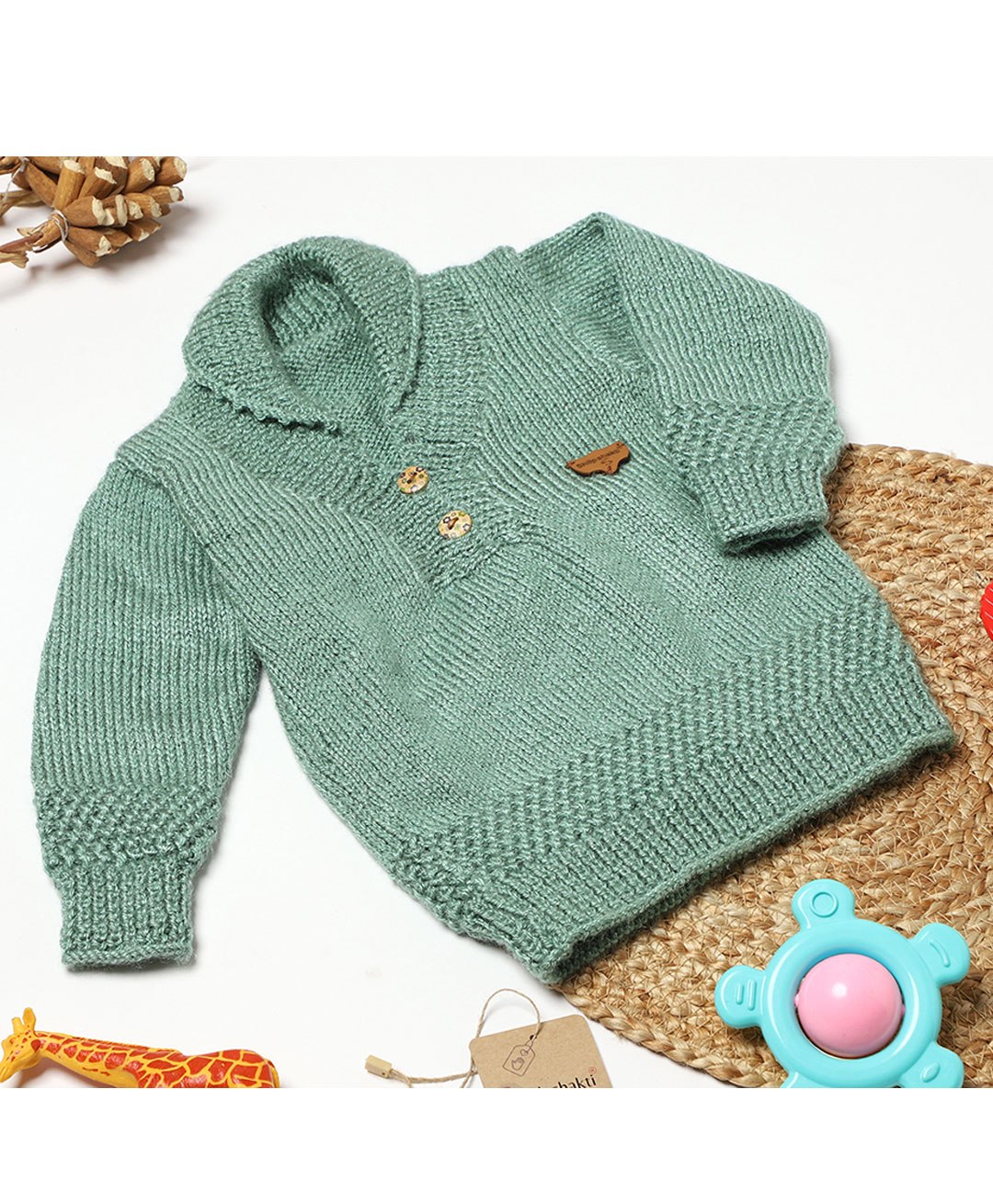 Shilpshakti Full Sleeves Solid Handmade Sweater - Teal Blue-image-41