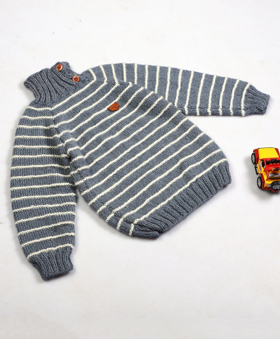 Shilpshakti Full Sleeves Striped  High Neck Handmade Sweater - Grey &  Cream-image-23