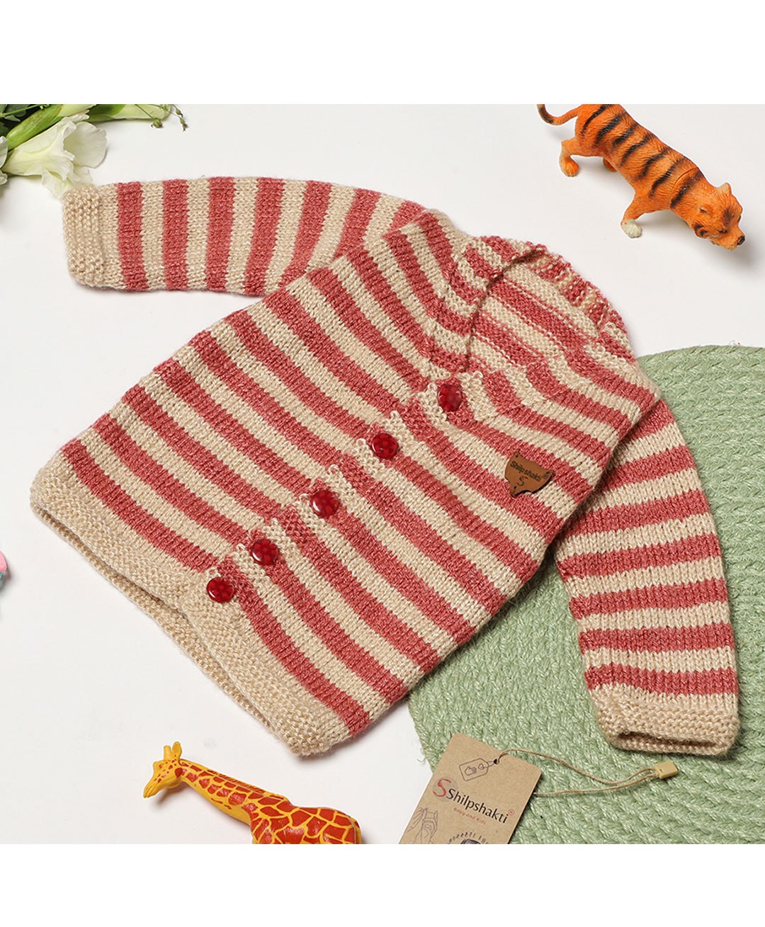Shilpshakti Unisex Full Sleeves Striped Handmade Cardigan Sweater - Orange & Beige-picture-14