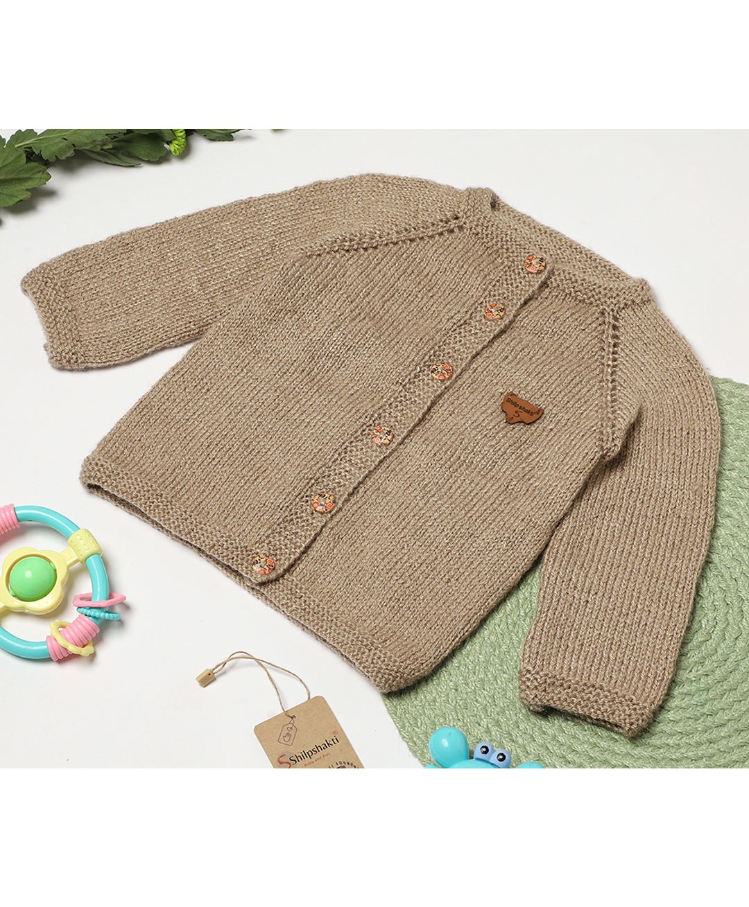 Shilpshakti Unisex Raglan Full Sleeves Solid Cardigan Sweater - Beige-image-2