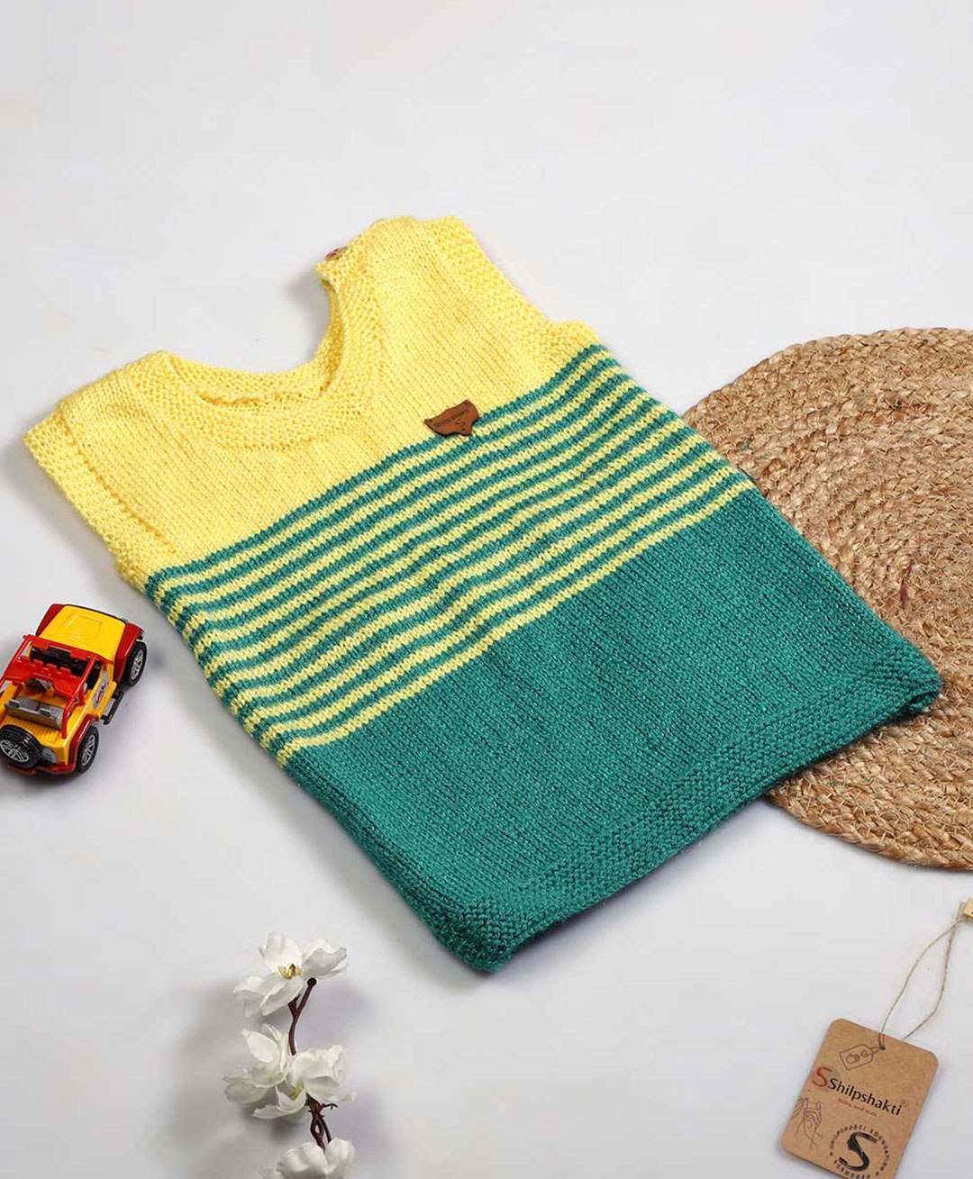 Shilpshakti Sleeveless Striped Design & Colour Blocked Handmade Sweater - Yellow & Green-picture-20
