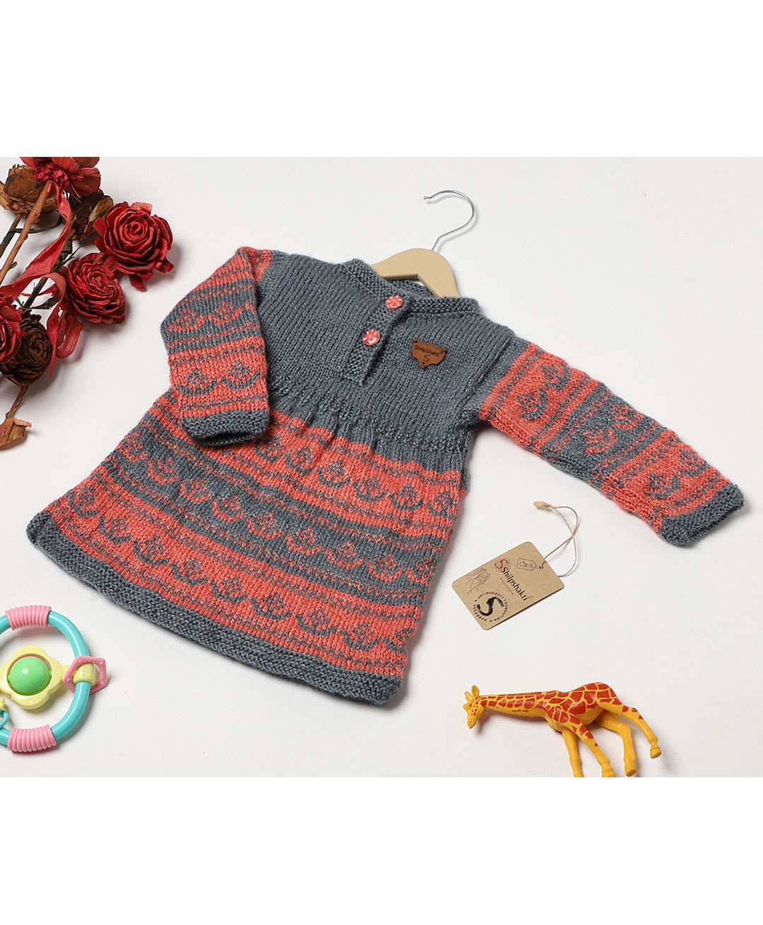 Shilpshakti Full Sleeve Anchor Designed Colour Blocked   Handmade Woollen Sweater Dress - Orange And Grey-image-32