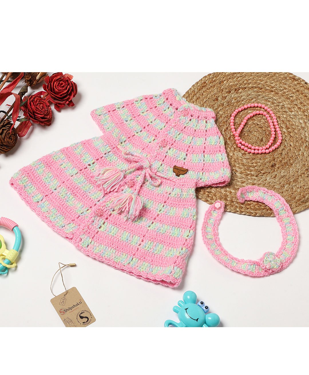 Shilpshakti Sleeveless Striped Designed   Handmade Woollen Dress With Headband - Multi Colour & Baby Pink-picture-28